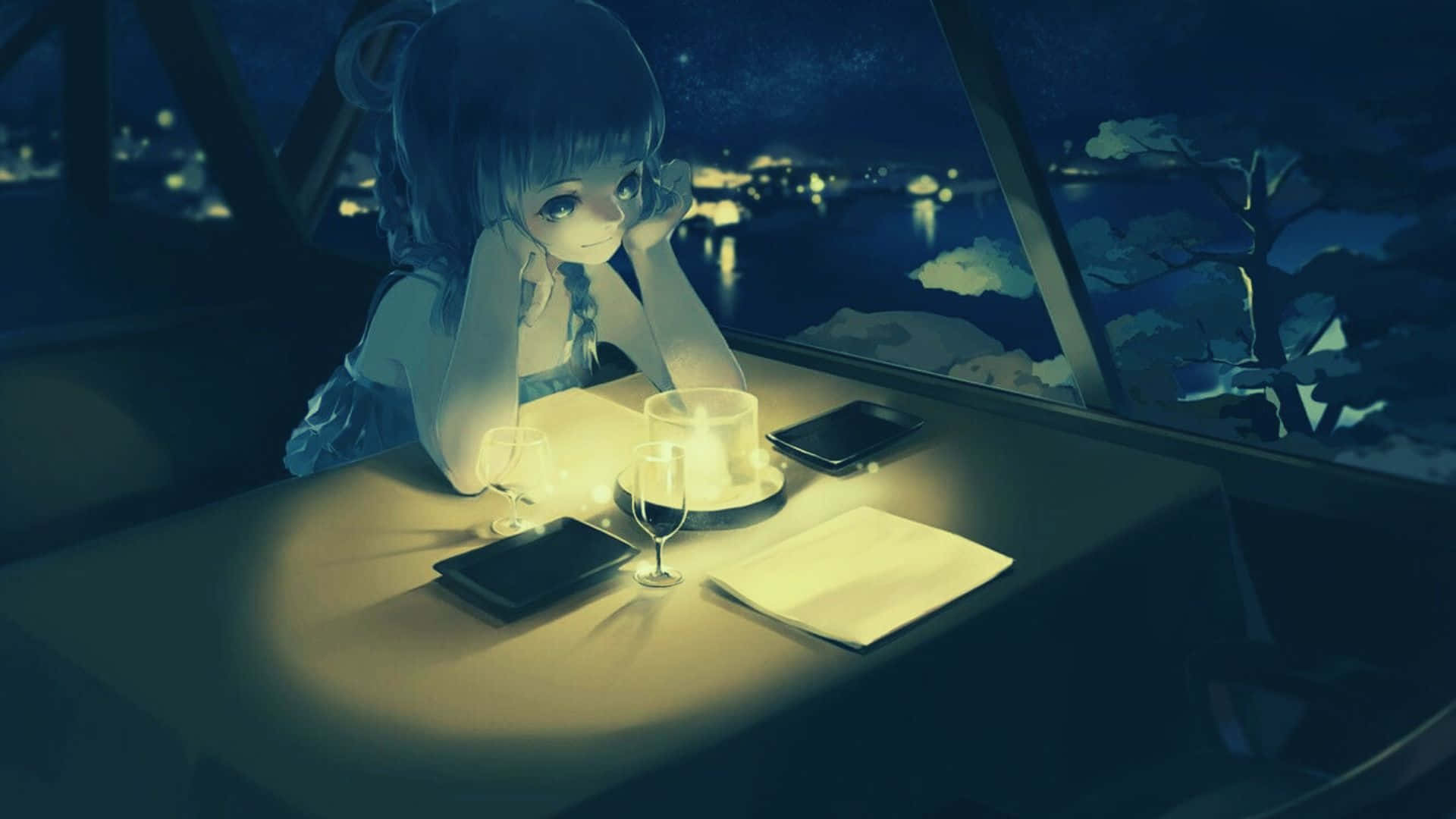 Isang modernong coffee cafe na inspirasyon ng mga disenyong anime. Wallpaper
