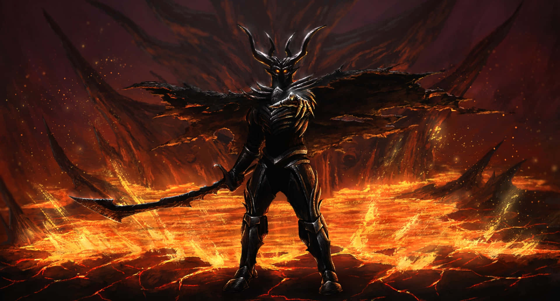 Isang nagbabantang demonyo ang nakatayo sa ibabaw ng isang tiwangwang na tanawin. Wallpaper