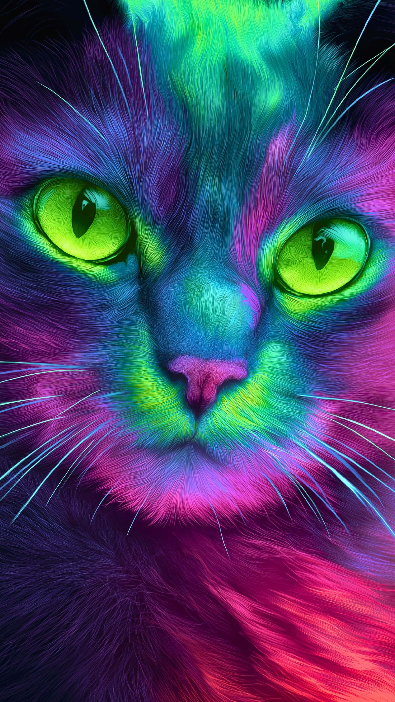 Isang nakakabighani na close-up ng isang makulay na pusa na may kumikinang na berdeng mga mata at psychedelic na pattern ng balahibo Wallpaper