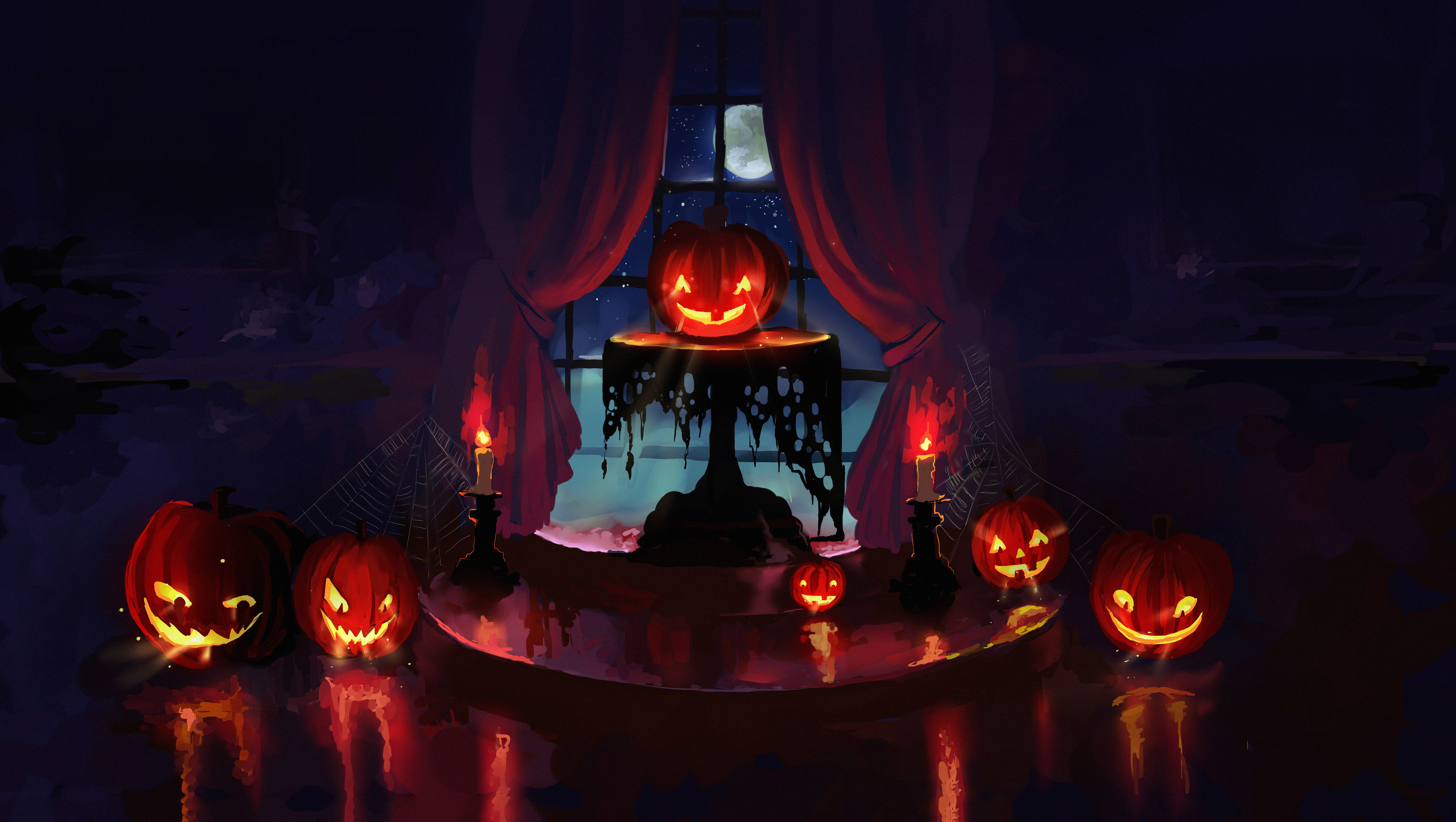 Isang Nakakabiglang Eksena sa Halloween na May mga Kalabasa at Kandila Wallpaper