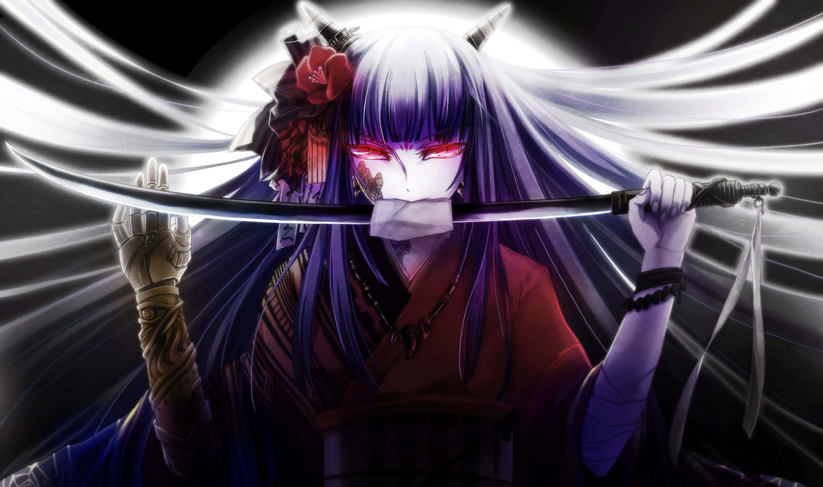 Isang nakakatakot na anime demon na matamang nakatingin mula sa mga anino Wallpaper