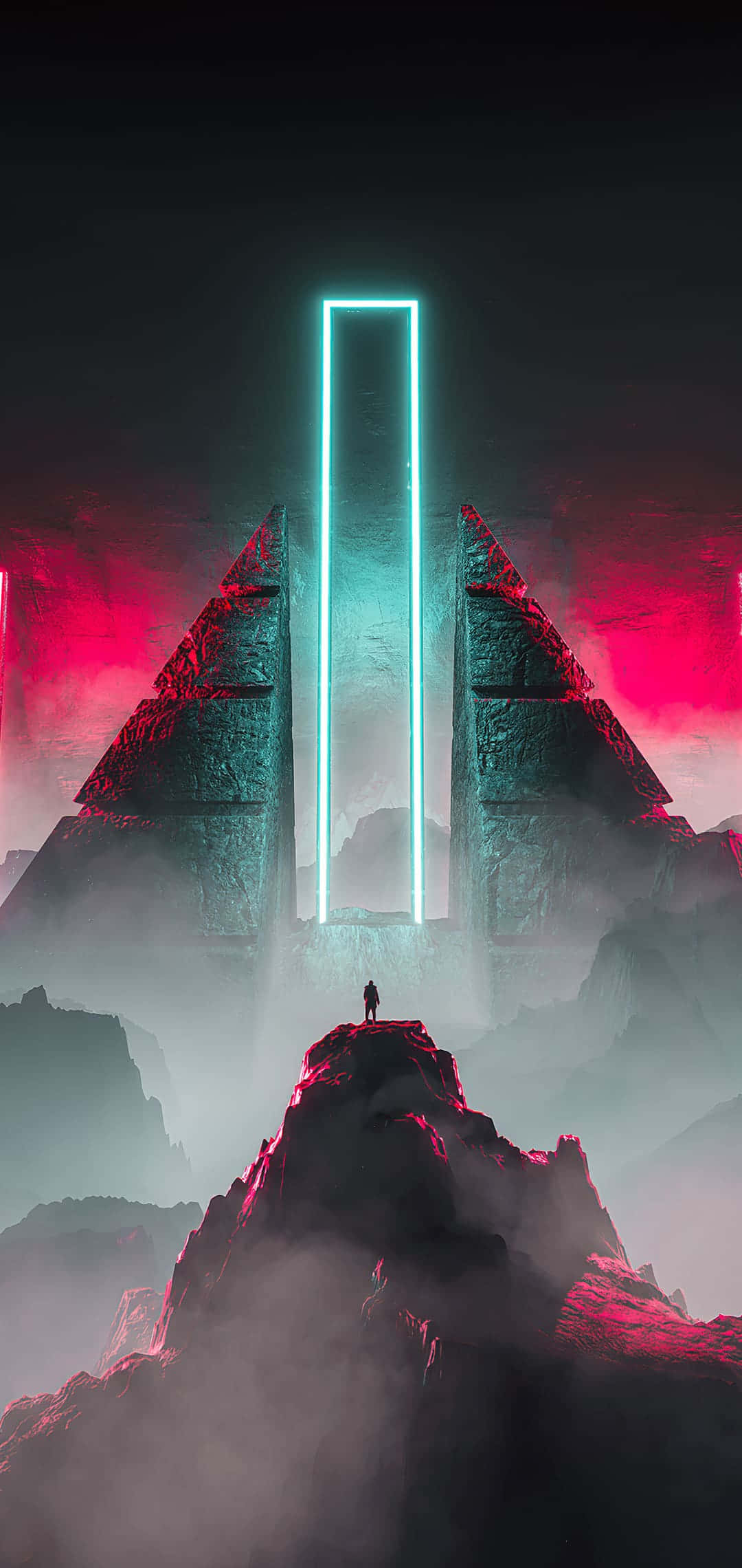 Isang neon na tarangkahan na may pulang ilaw sa gitna Wallpaper