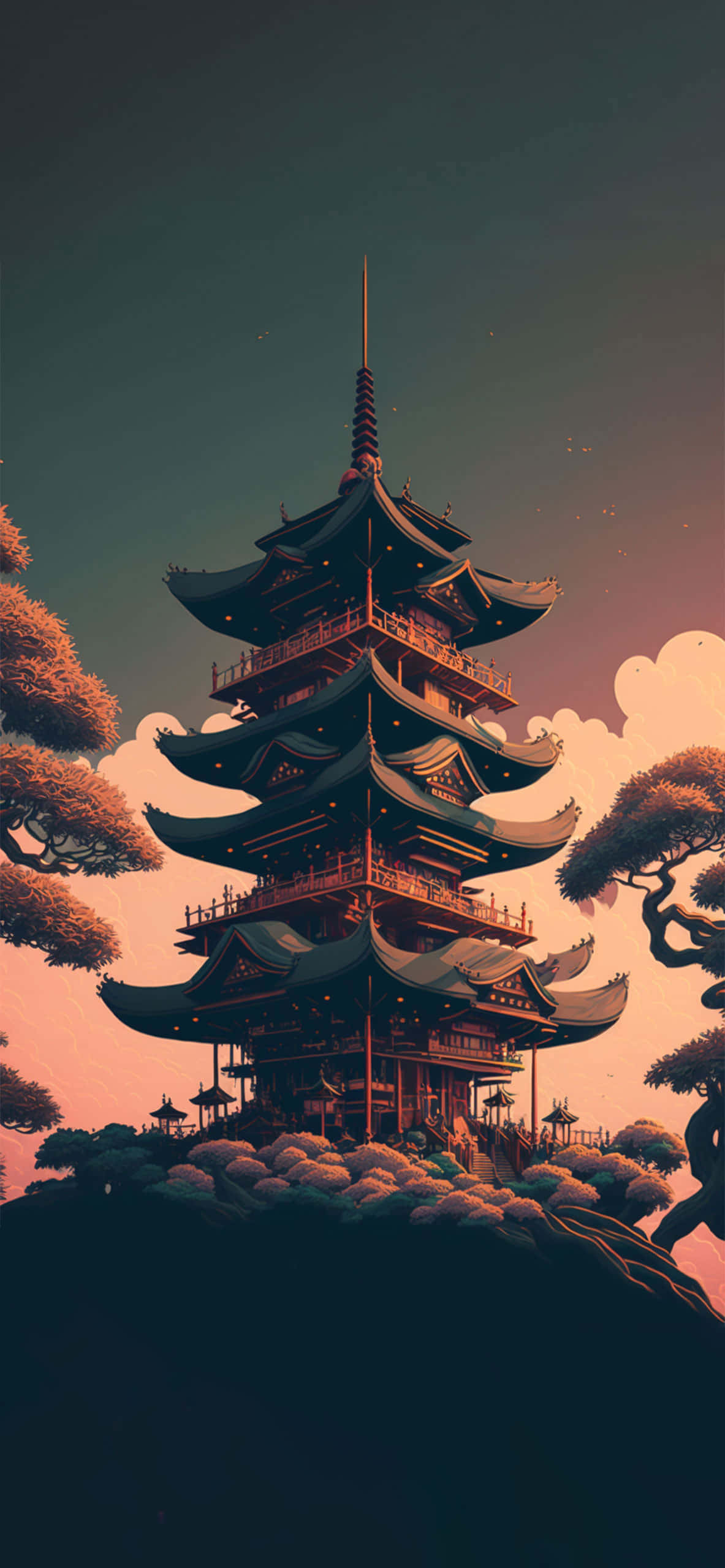 isang pagoda sa isang burol na may mga puno sa background Wallpaper