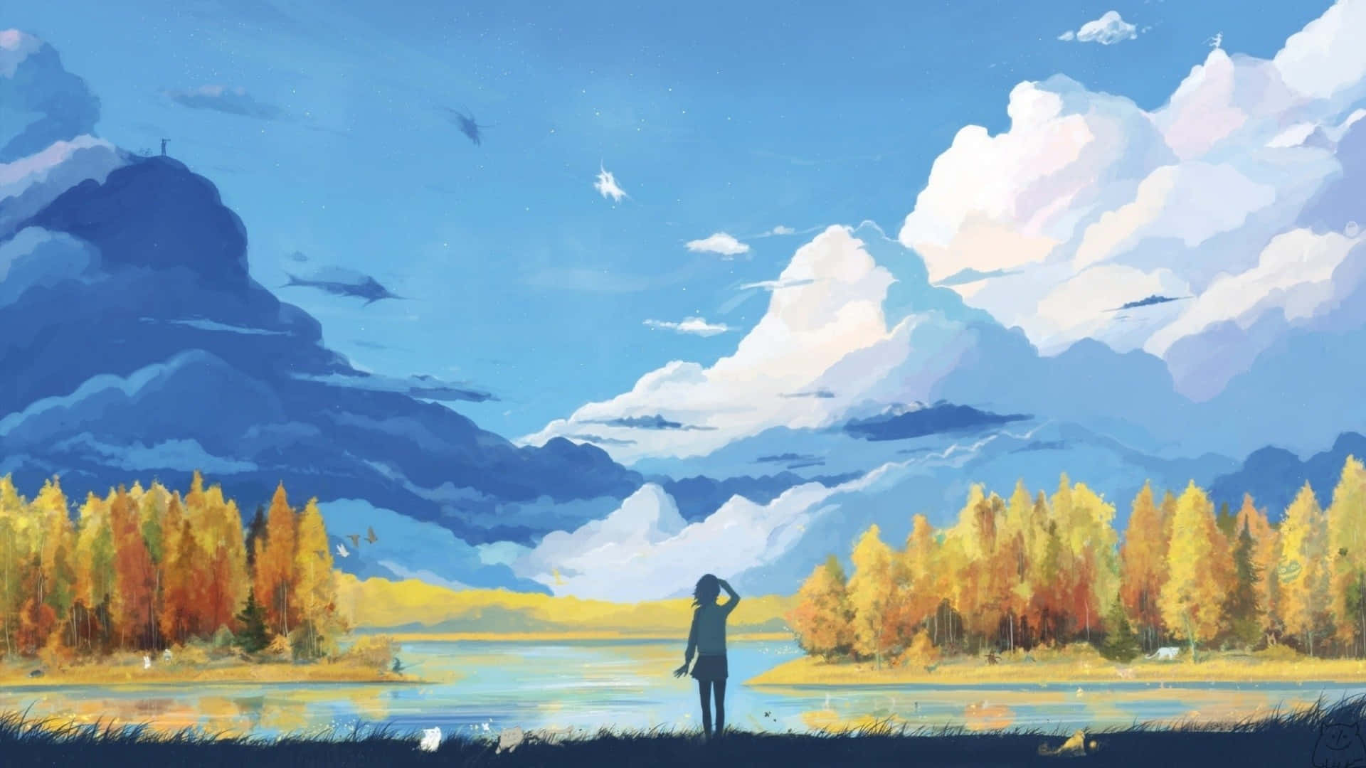 Isang pagpipinta ng isang tao na nakatayo sa isang bukid na may mga puno at ulap Wallpaper