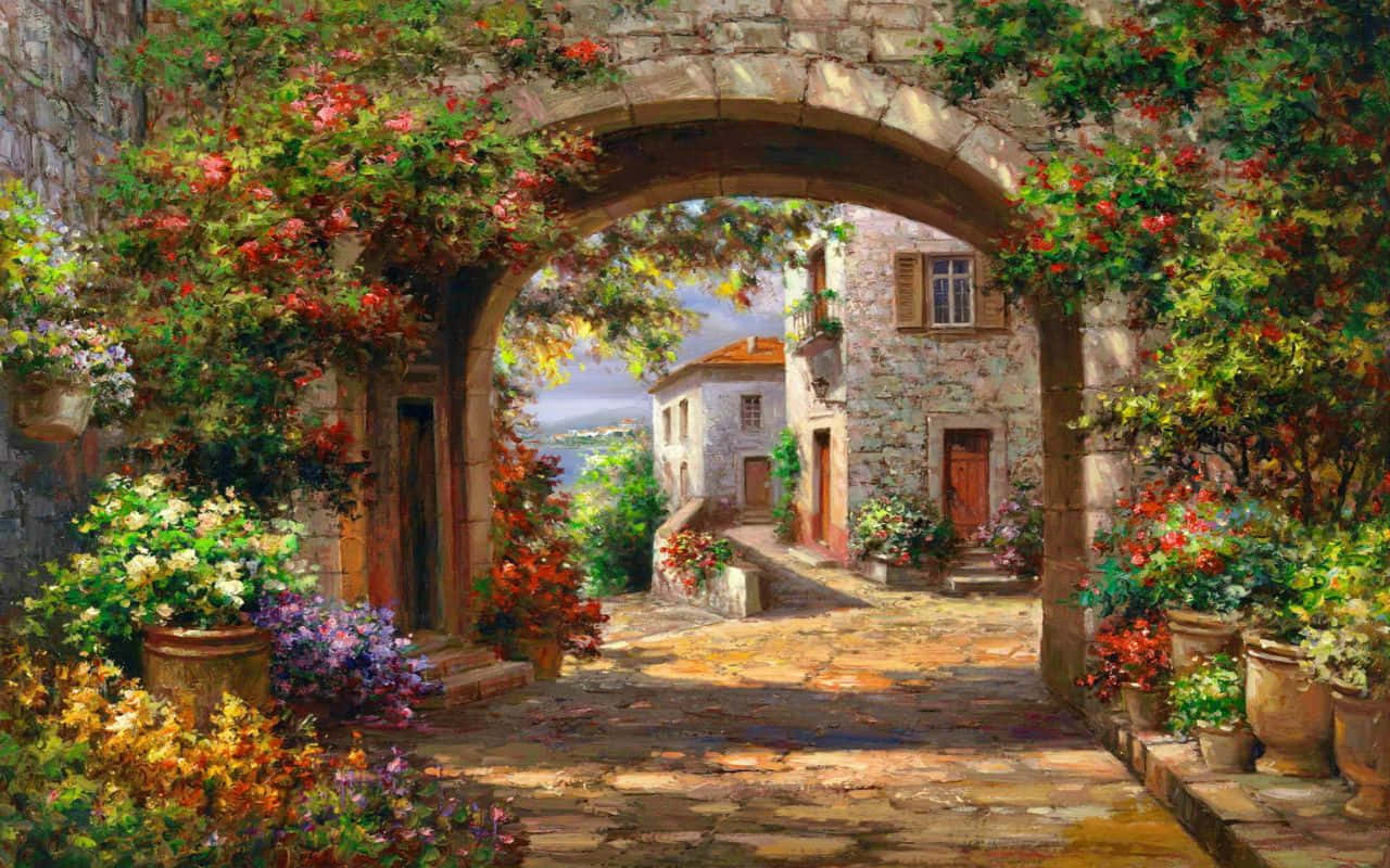 isang painting ng isang archway na may bulaklak Wallpaper