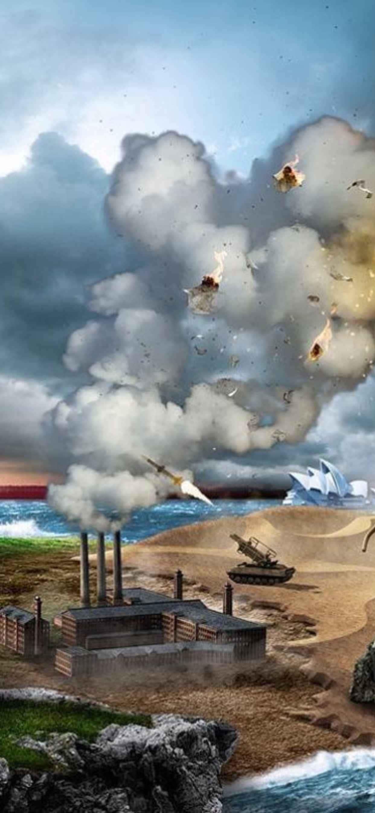 isang painting ng isang nuclear power plant na may usok na lumalabas dito Wallpaper