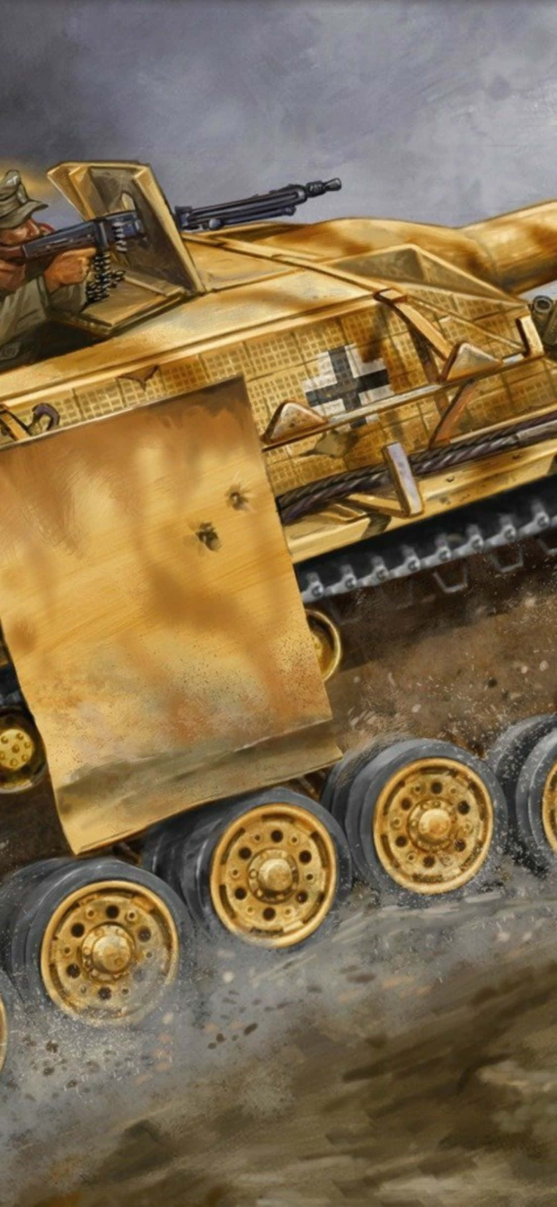 isang painting ng isang tank na may baril Wallpaper