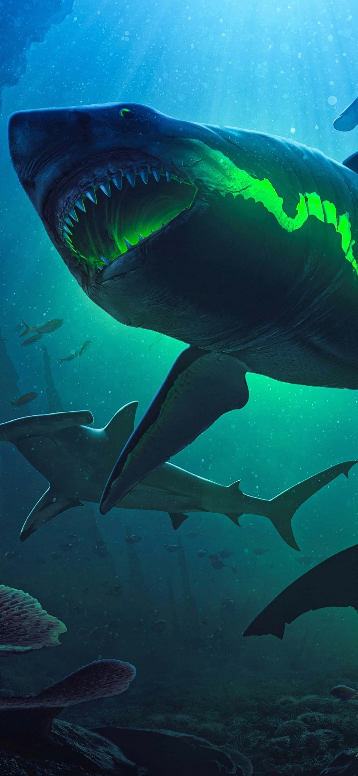 isang pating lumalangoy sa karagatan na may mga berdeng ilaw Wallpaper