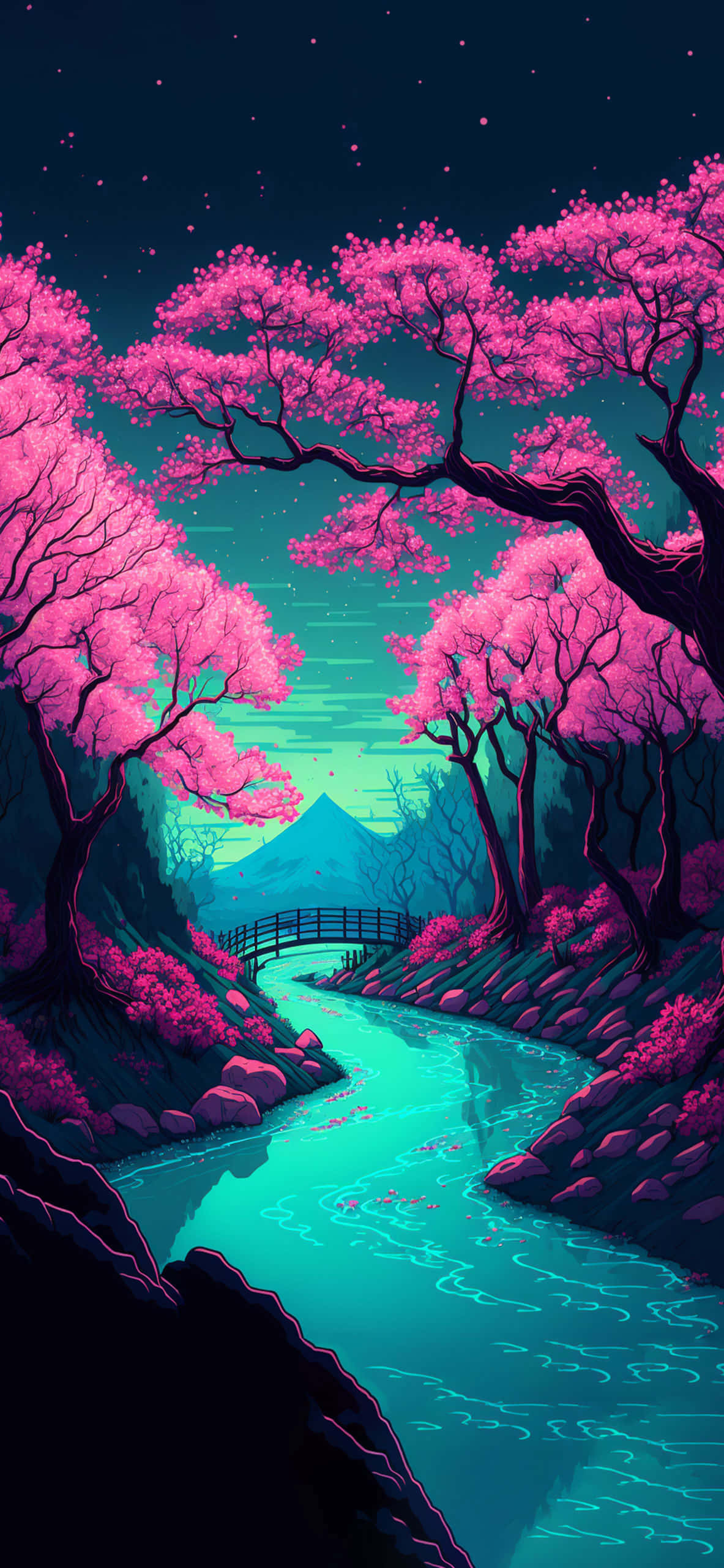 isang pink tree na may river sa background Wallpaper