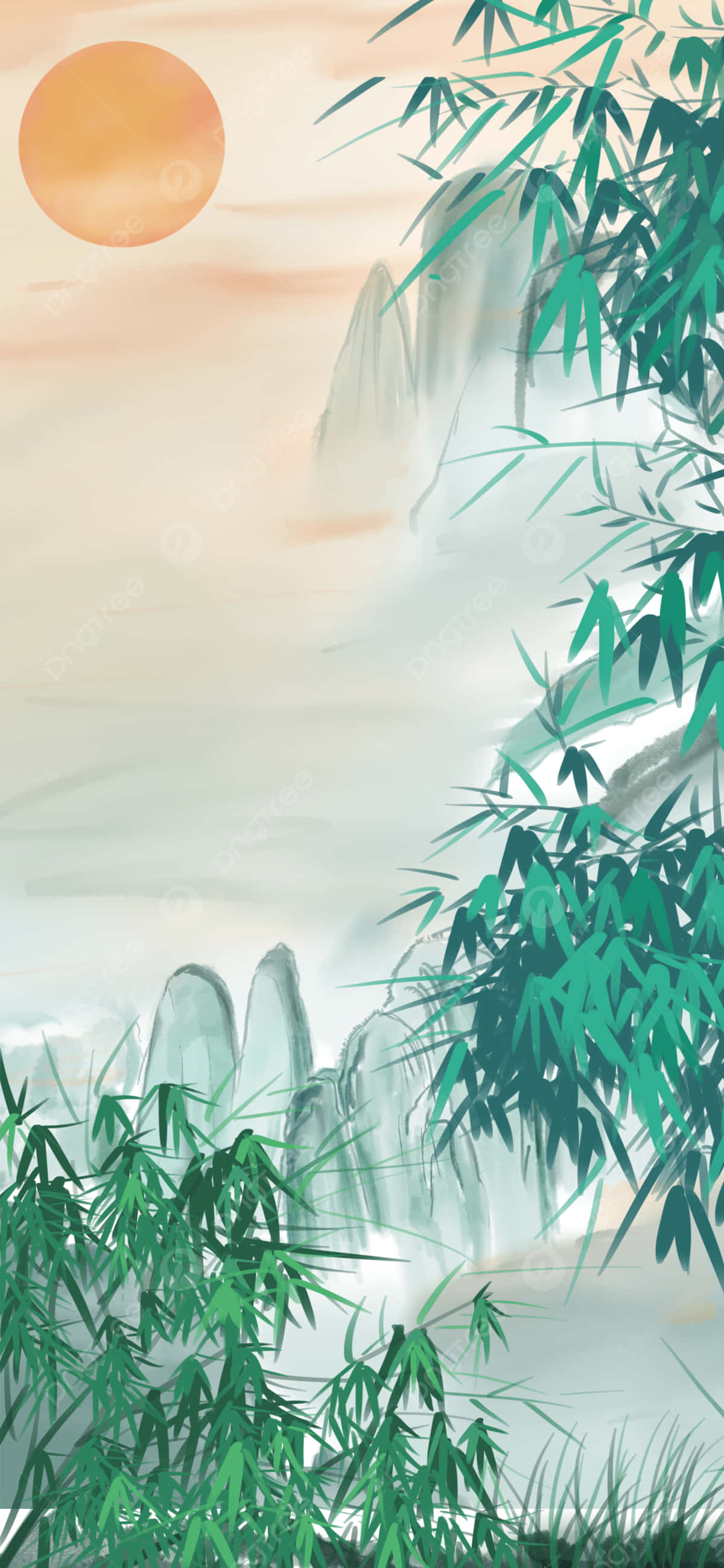 isang pintura ng isang kawayan na gubat na may mga bundok Wallpaper
