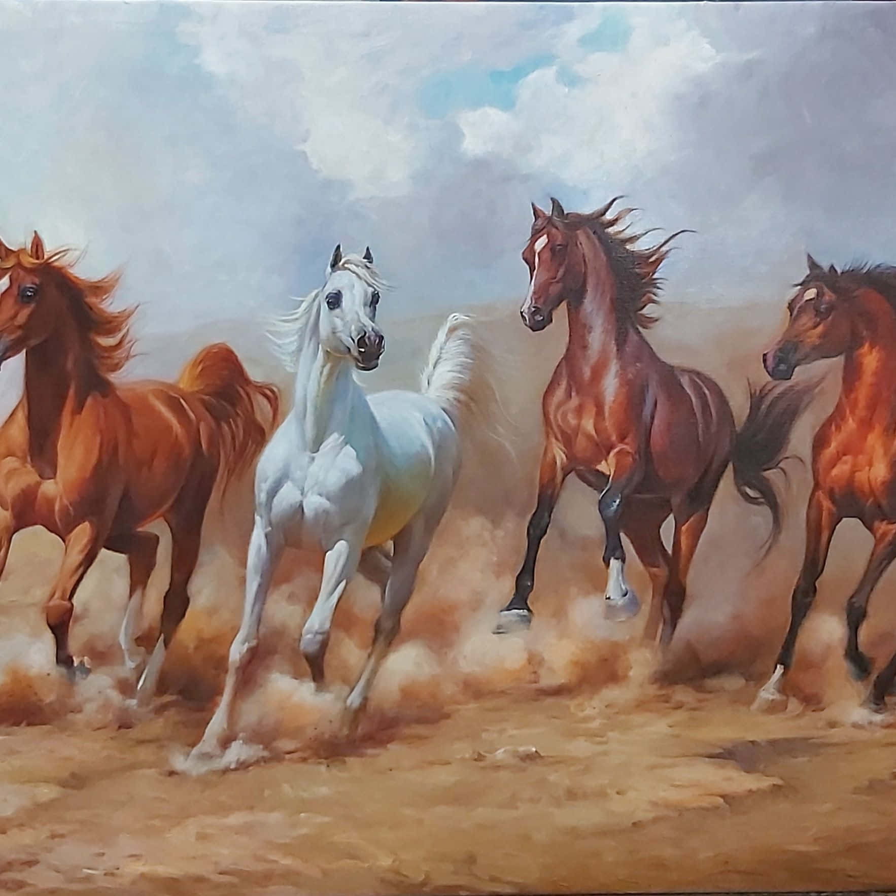 isang pintura ng mga kabayong tumatakbo sa disyerto Wallpaper
