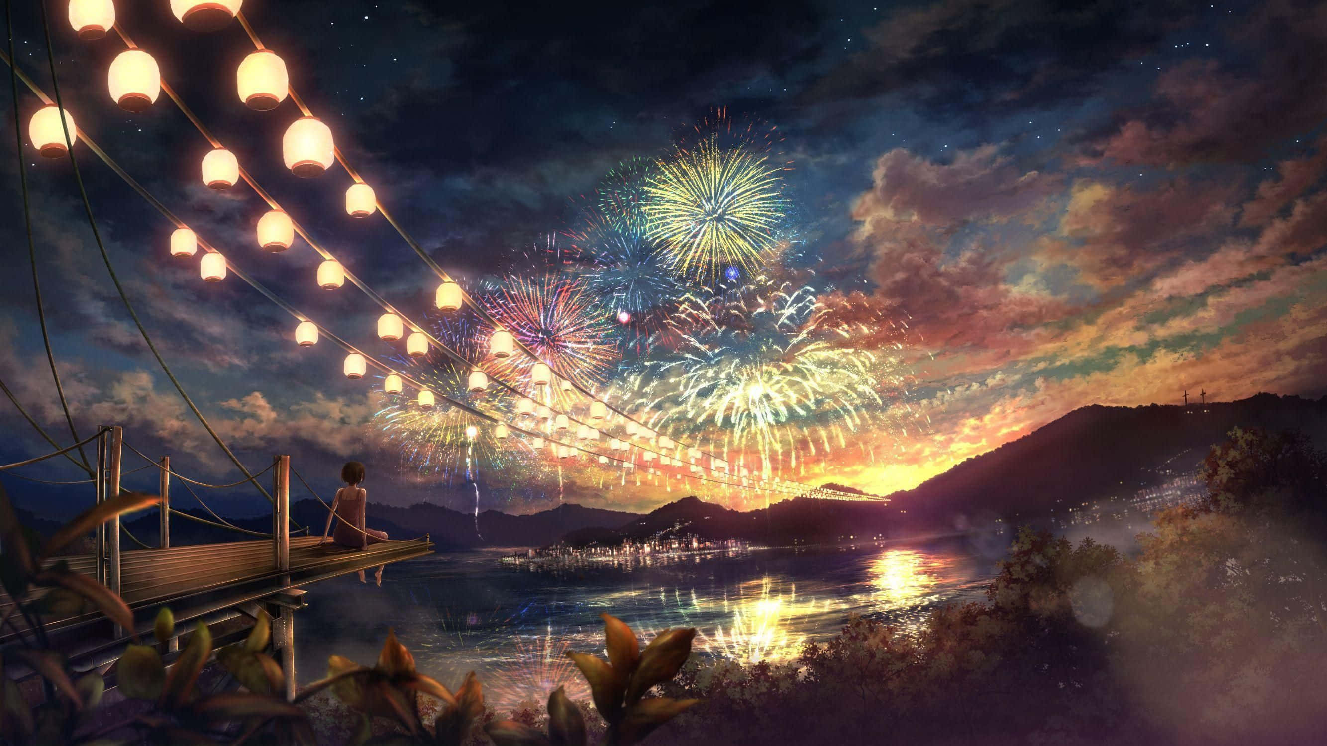 Isang pintura ng mga paputok sa ibabaw ng tulay at lawa Wallpaper