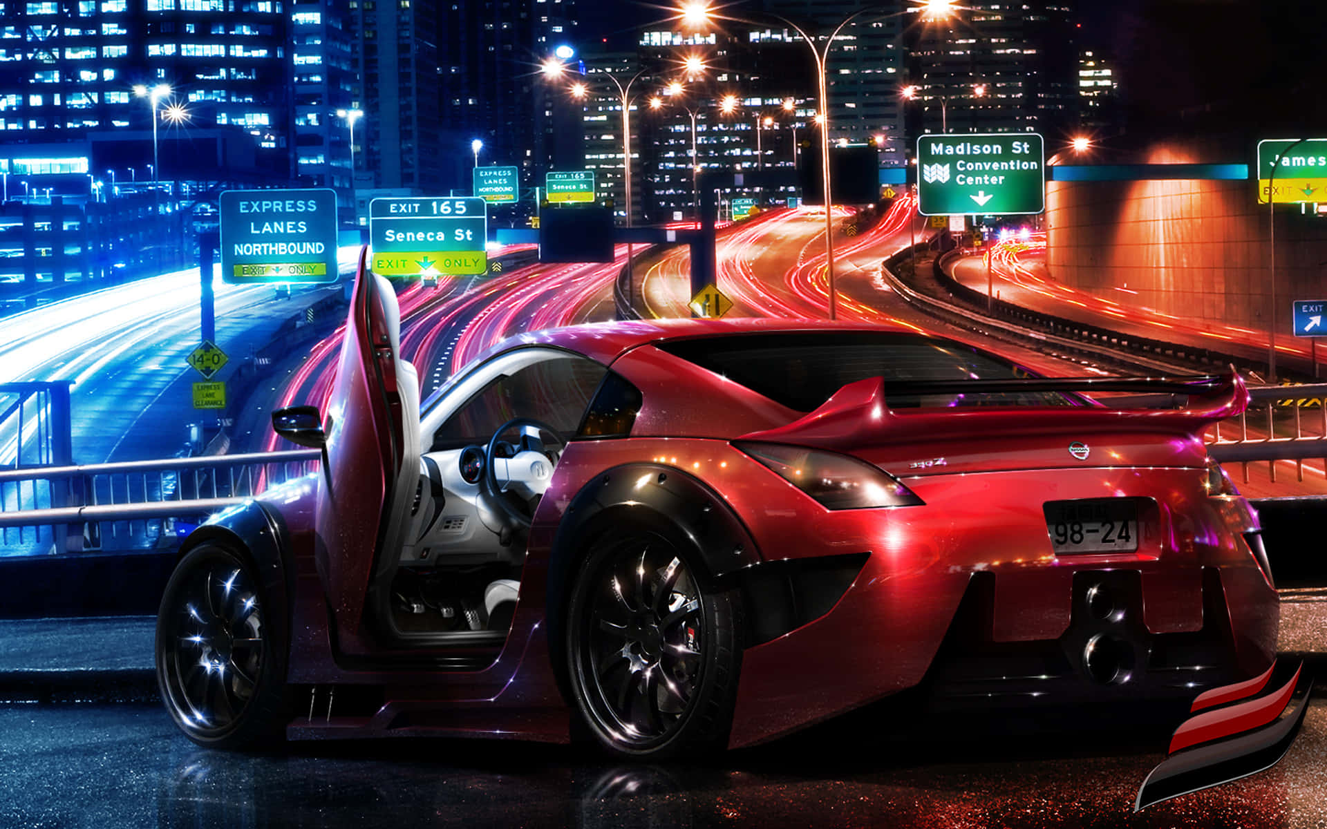 isang pulang sports car na dumadaan sa kalsada sa gabi Wallpaper