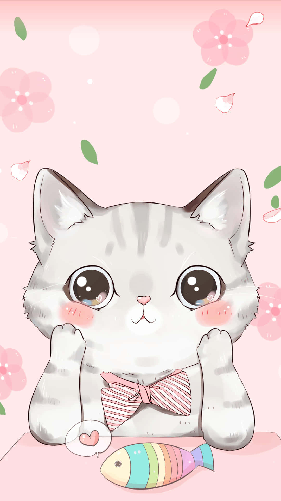 isang pusa na may bow tie at isda sa isang kulay-rosas na background Wallpaper