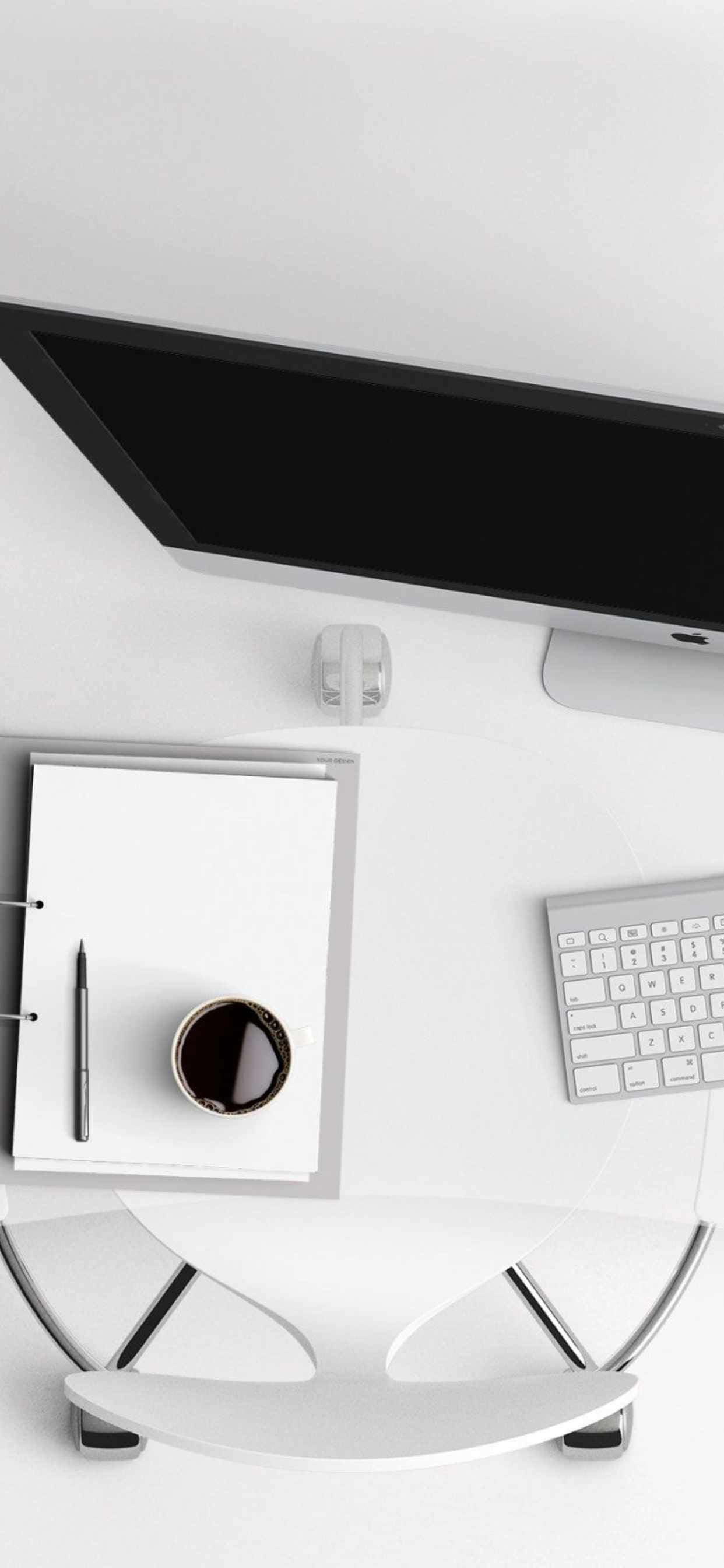 isang puting desk na may monitor, keyboard at cup ng kape Wallpaper