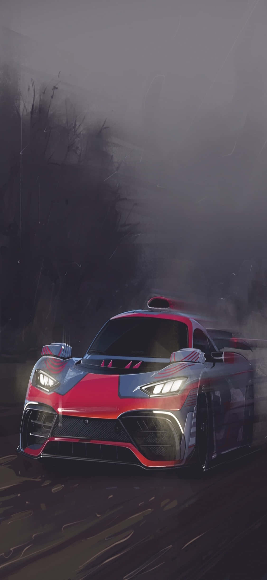 isang racing car na dumaraan sa isang fog Wallpaper