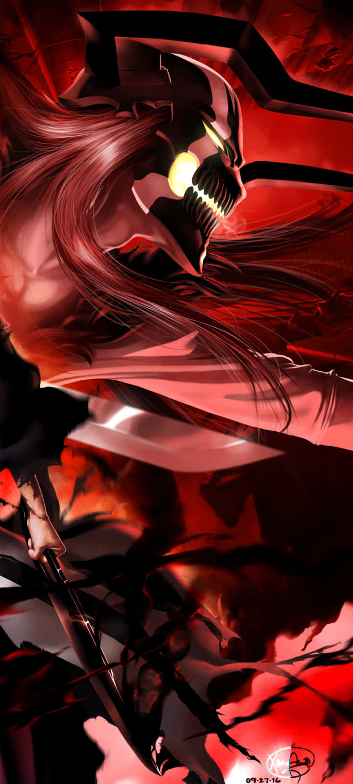 isang red at black anime character na may long hair Wallpaper