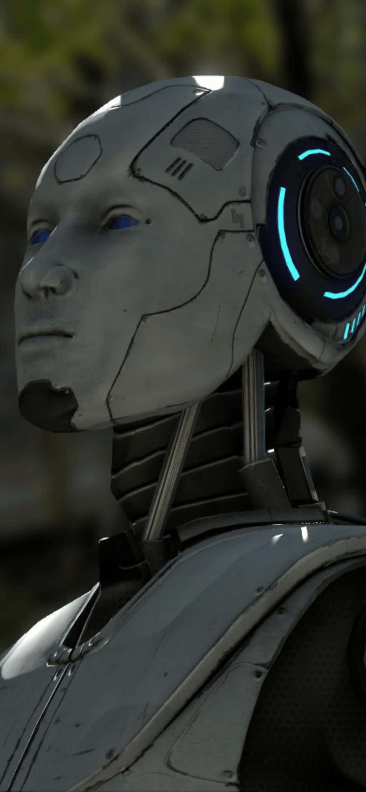 isang robot na may asul na mata at asul na singsing sa ulo Wallpaper
