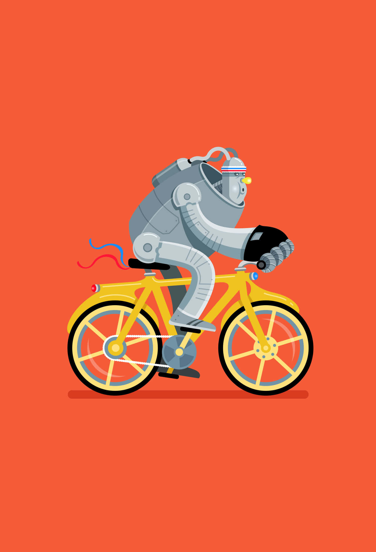 isang robot na sumasakay ng bisikleta sa isang orange background Wallpaper