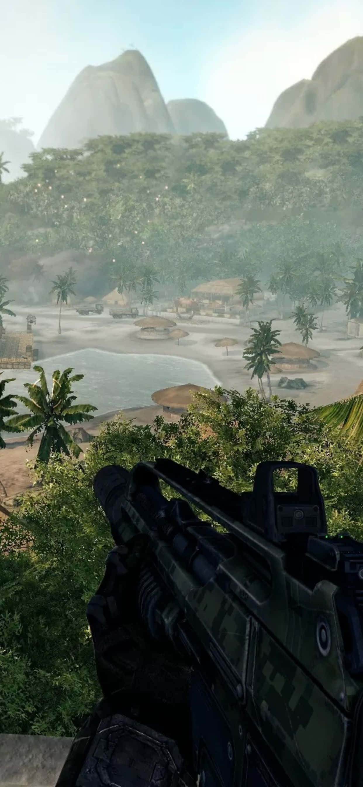isang screenshot ng isang video game na may baril sa background Wallpaper