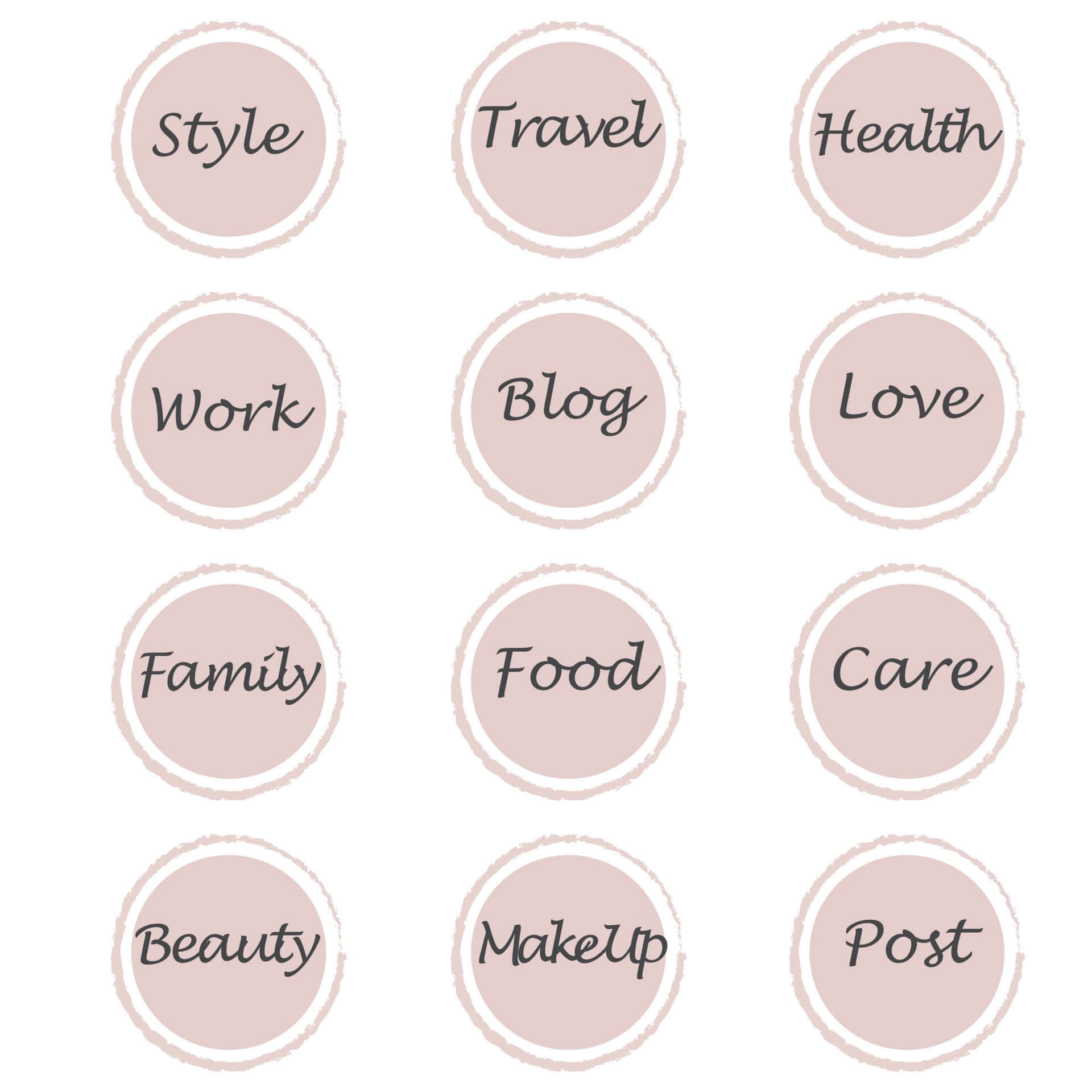 isang set ng pink circles na may mga salitang travel, work, food, at beauty Wallpaper