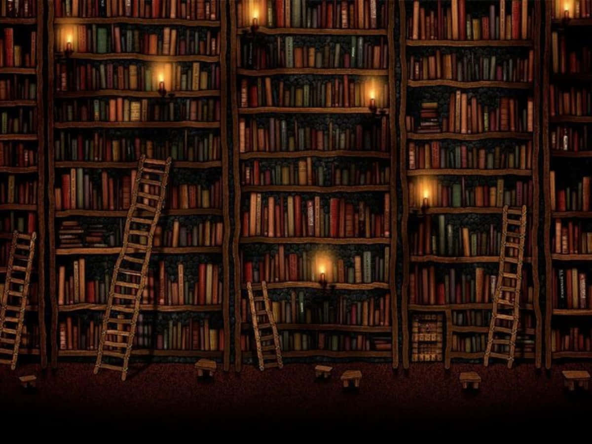 isang silid-aklatan na may maraming libro at hagdan Wallpaper