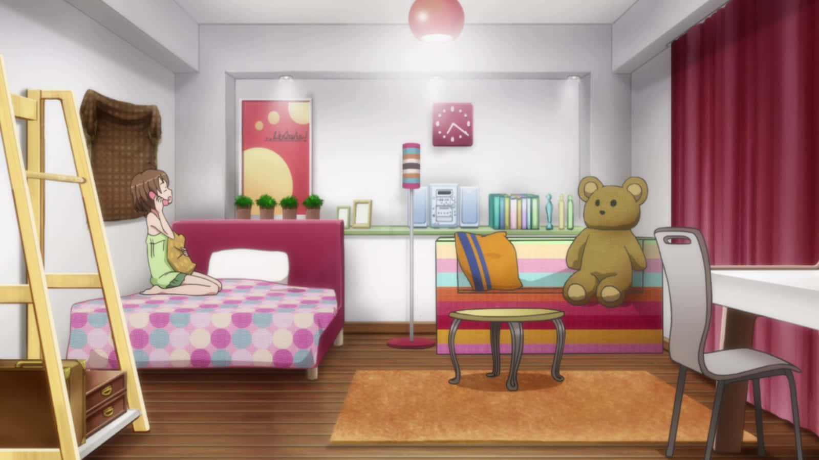 isang silid na may kama, mesa, at teddy bear Wallpaper