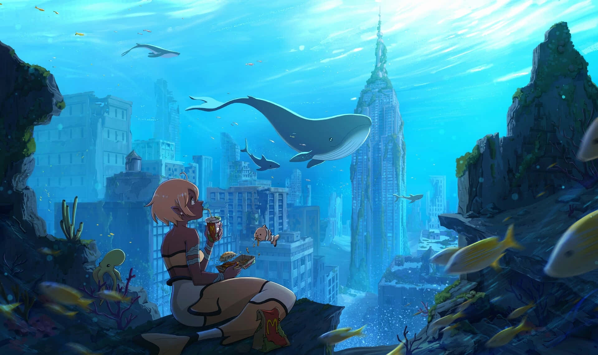 Isang sirena ang nagbibigay-ganda sa malalim na karagatan, napapaligiran ng isang buong paaralan ng isda. Wallpaper