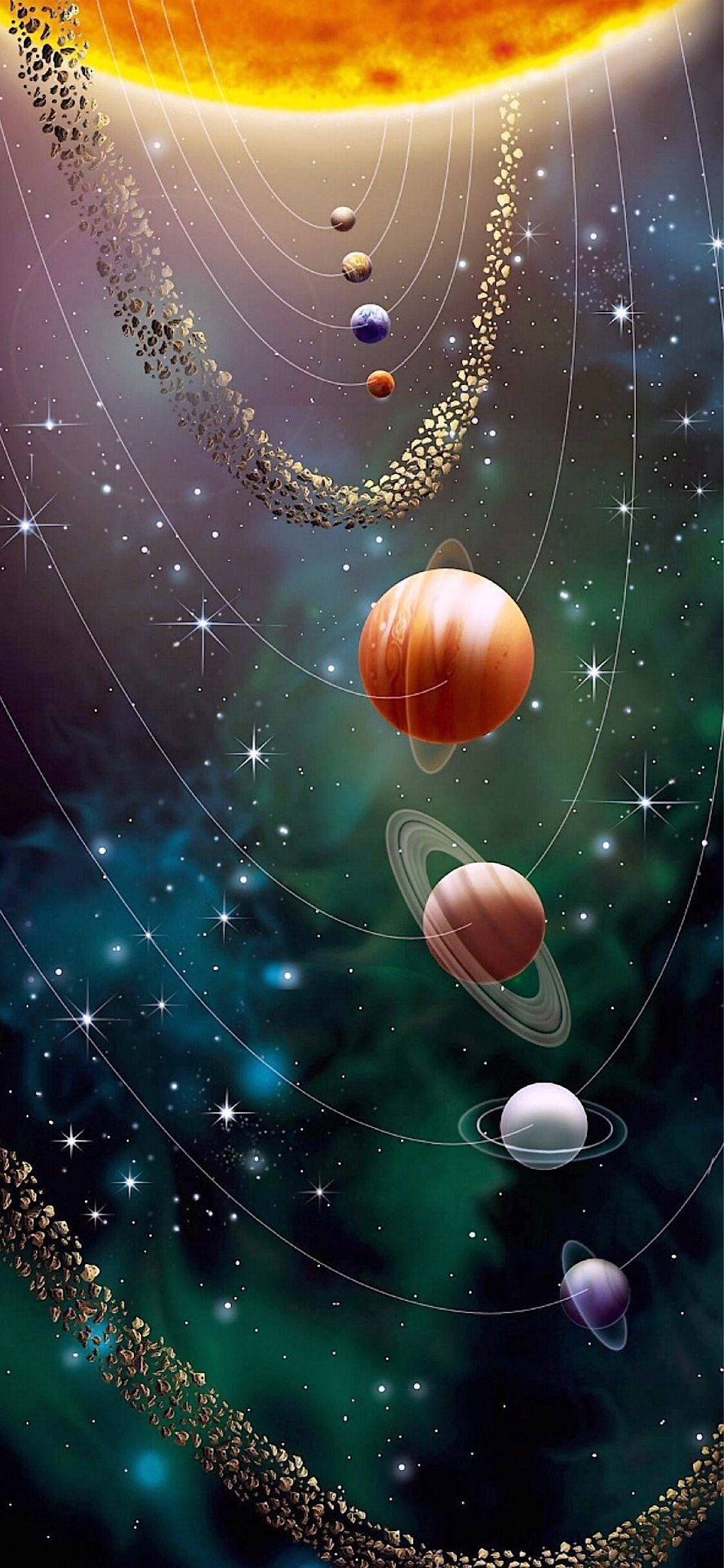 isang solar system na may maraming mga planeta sa likuran Wallpaper