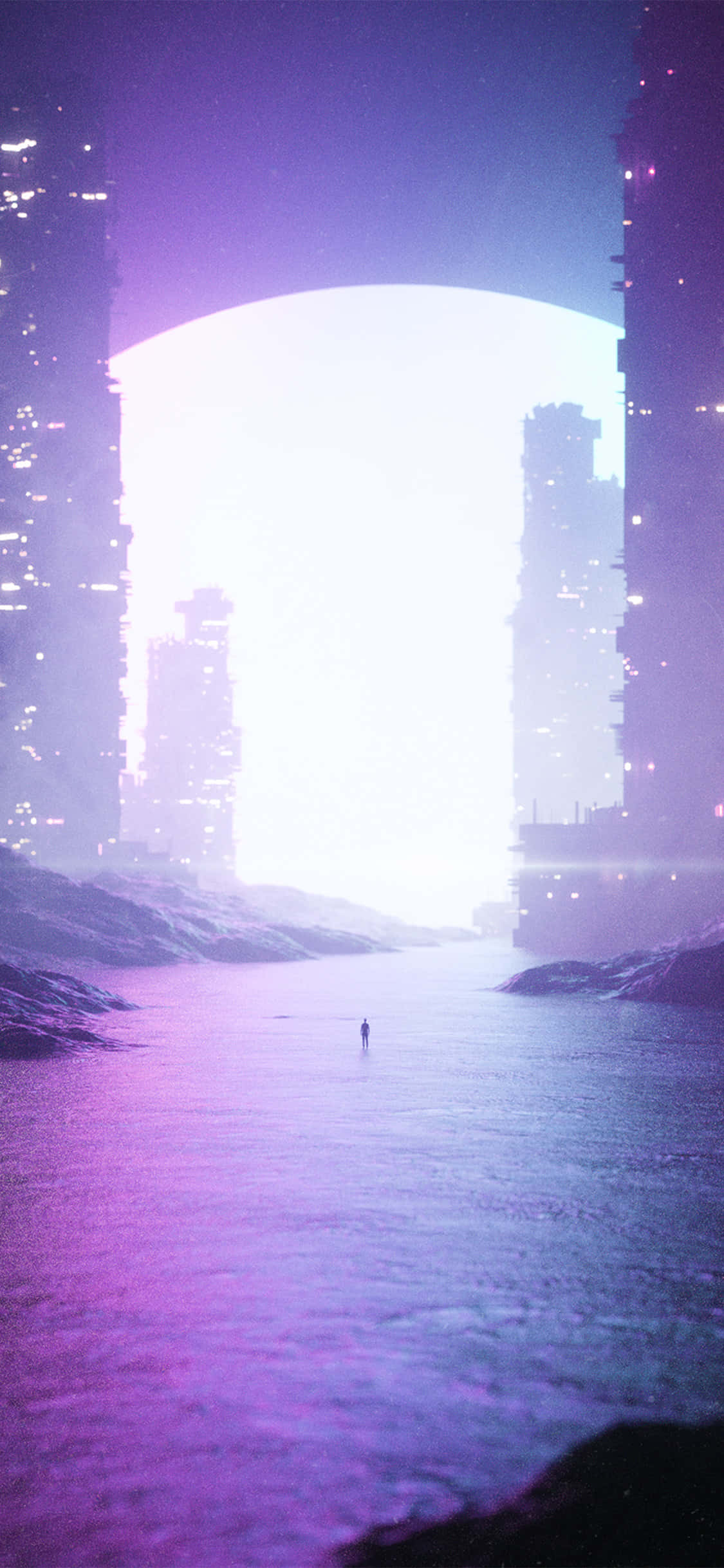 isang syudad na may purple na langit at isang syudad sa background Wallpaper
