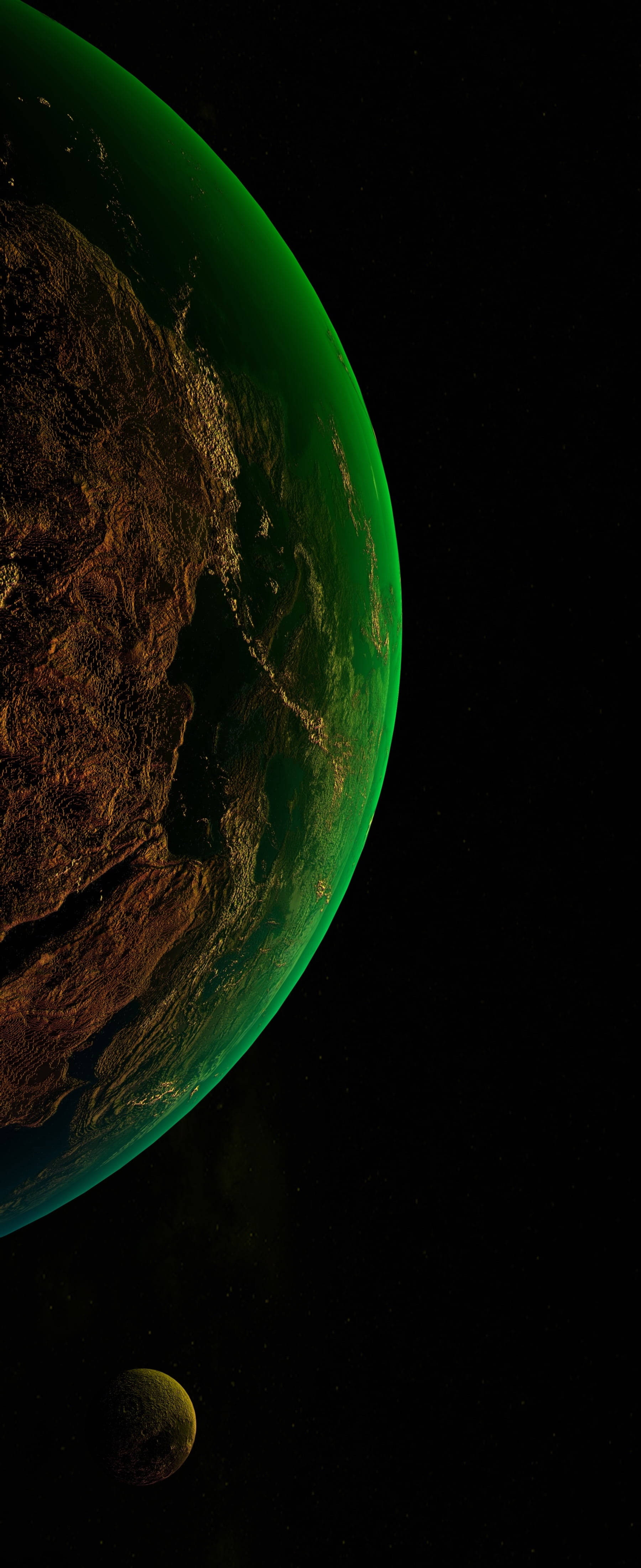 Isang tanaw ng isang isolated planeta, naliwanagan ng isang liwanag na nagrereplekta mula sa isang iPhone Xs Wallpaper