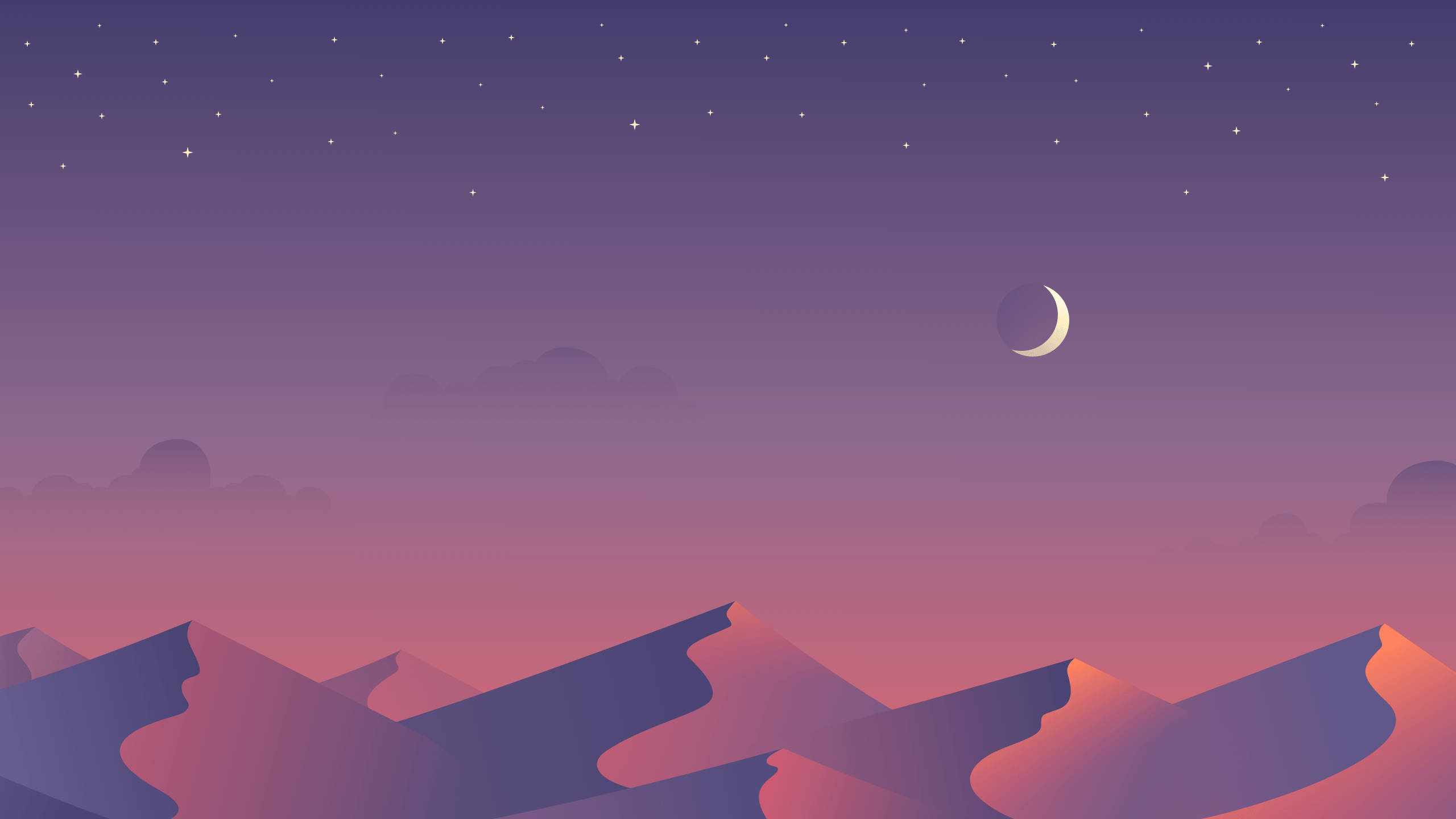 isang tanawin ng bundok na may gasuklay at mga bituin Wallpaper