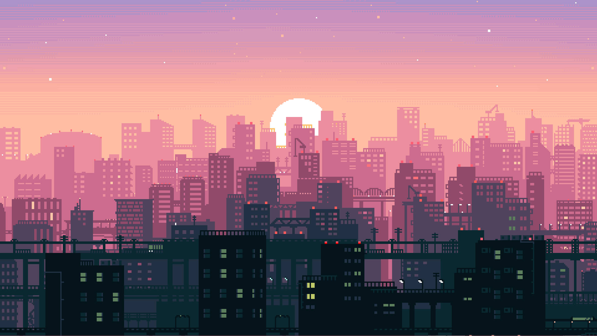 isang tanawin ng lungsod na may paglubog ng araw Wallpaper