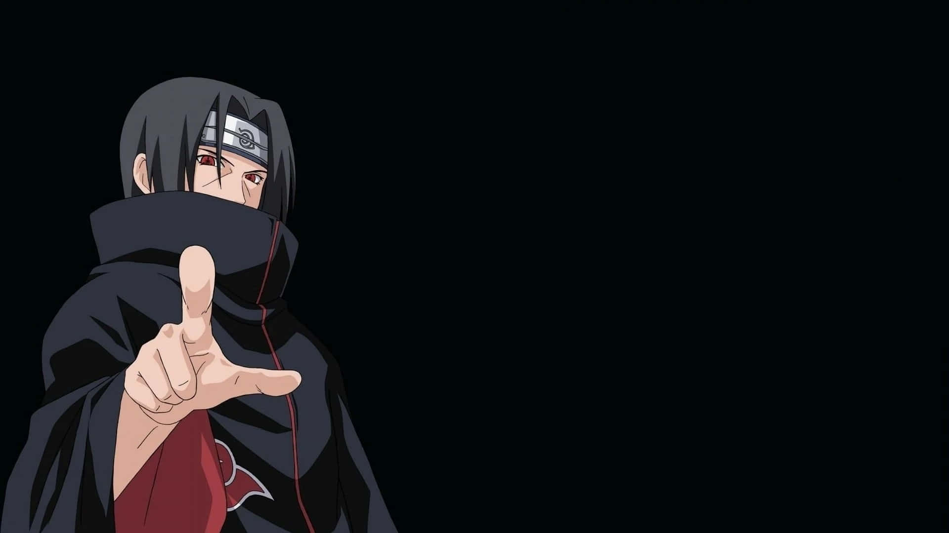 Itachi Aesthetic na Nakaturo Gamit ang Hintuturo sa Harap na May Itim na Background Wallpaper