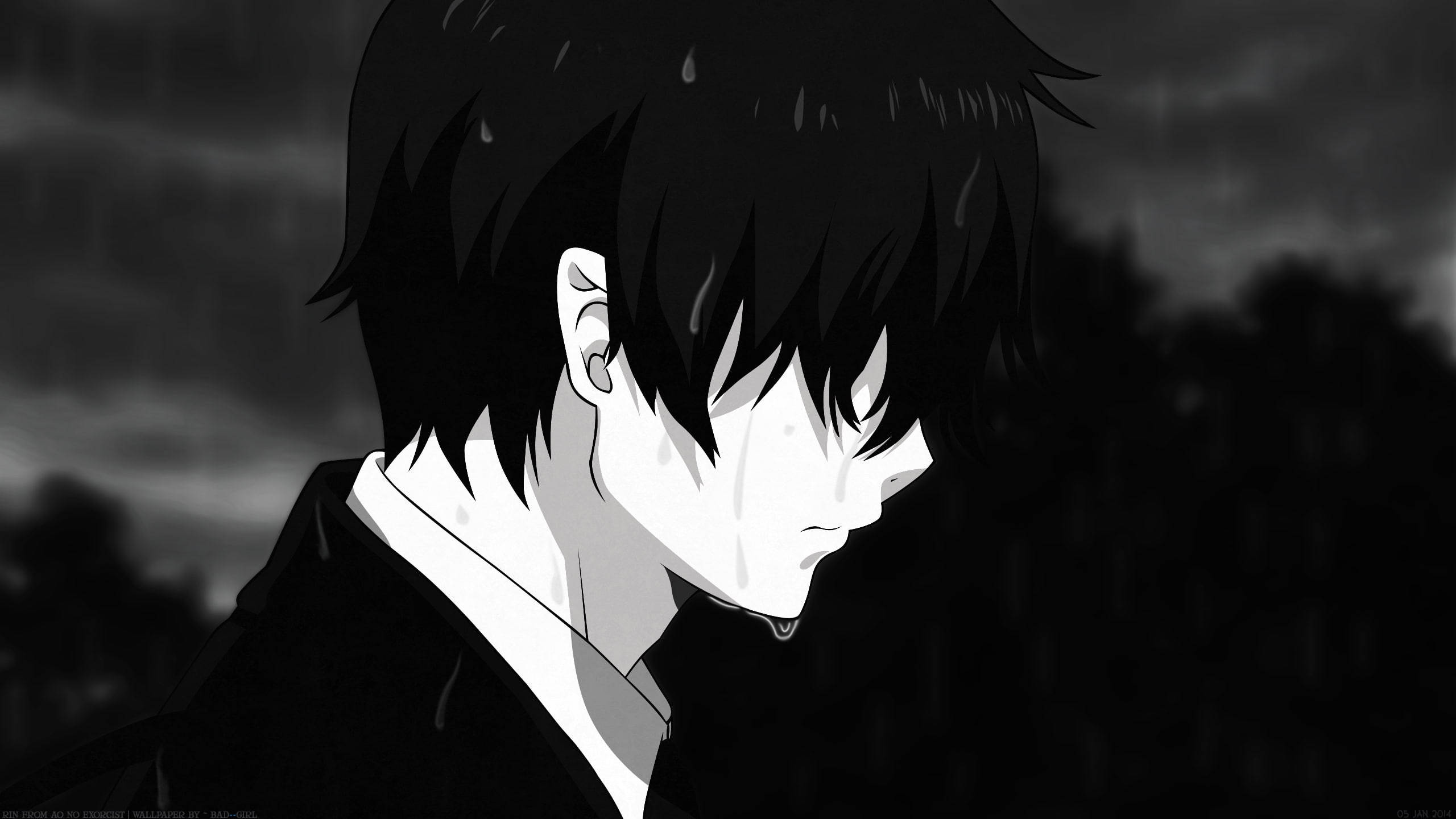 Itim at Puti na Malungkot na Anime na Lalaki Wallpaper