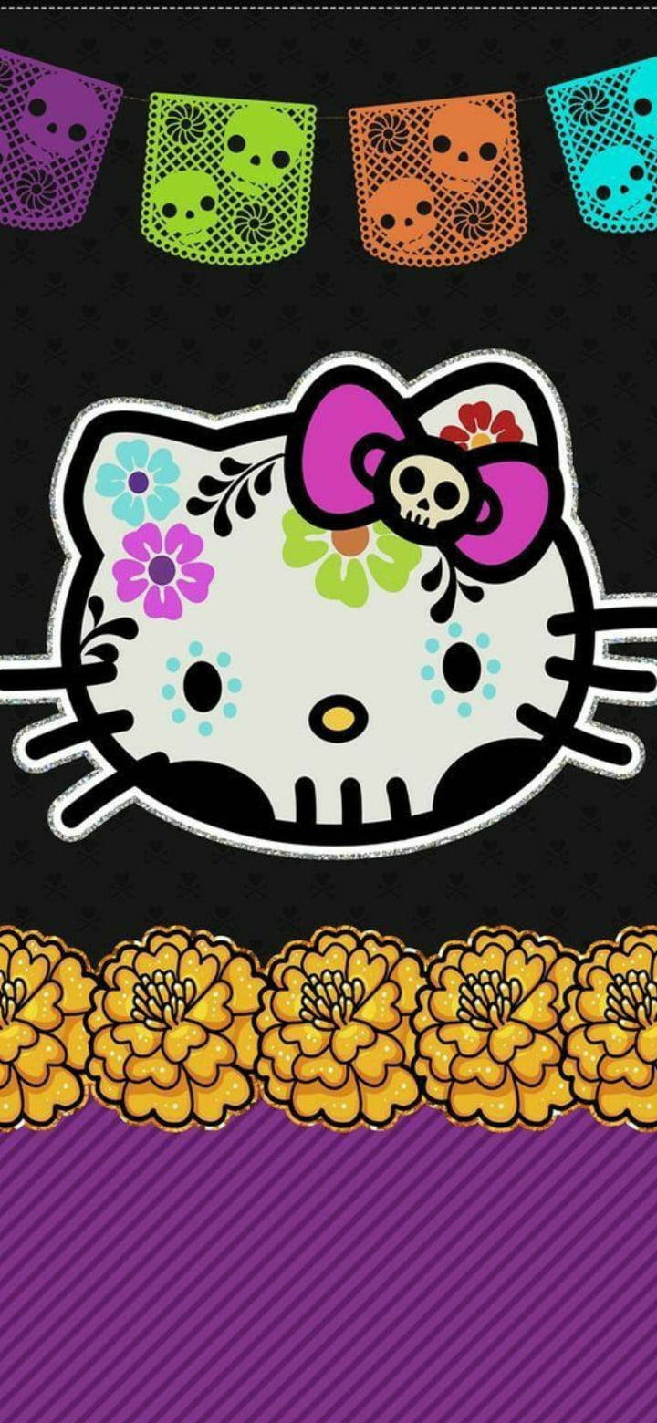Itim na Hello Kitty na May Disenyong Dia De Los Muertos Wallpaper