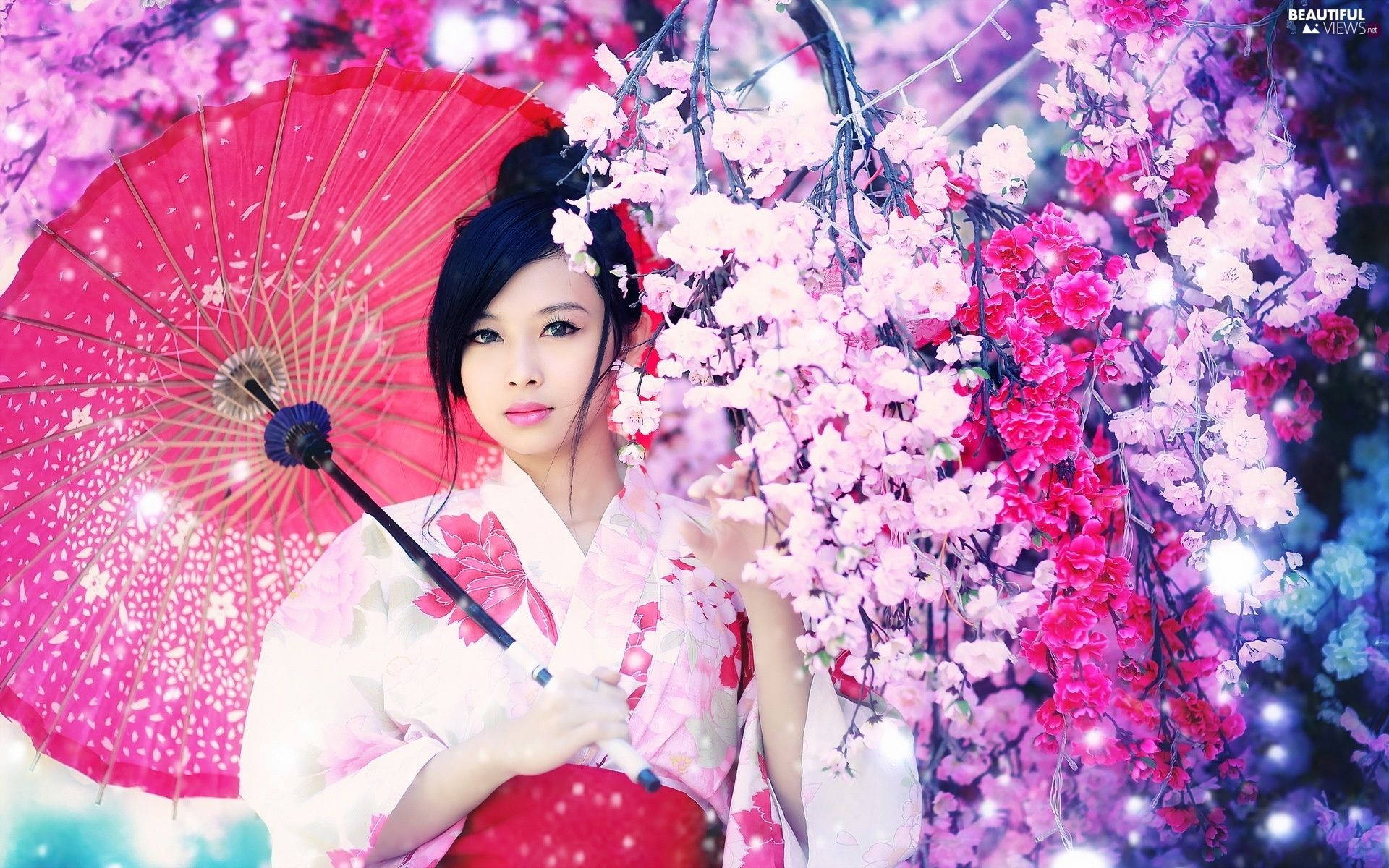 Japan Girl na Pink Floral Aesthetic Wallpaper