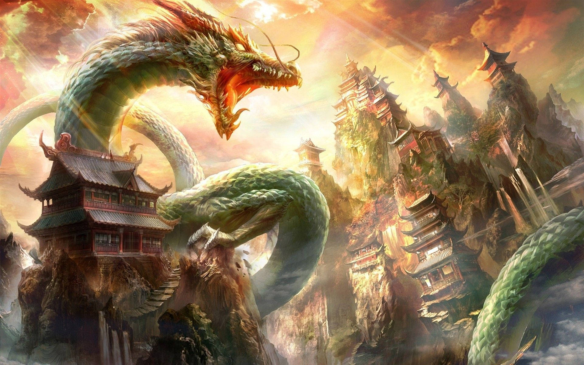 Japanese Dragon PC sa Mga Templo at Burol Wallpaper