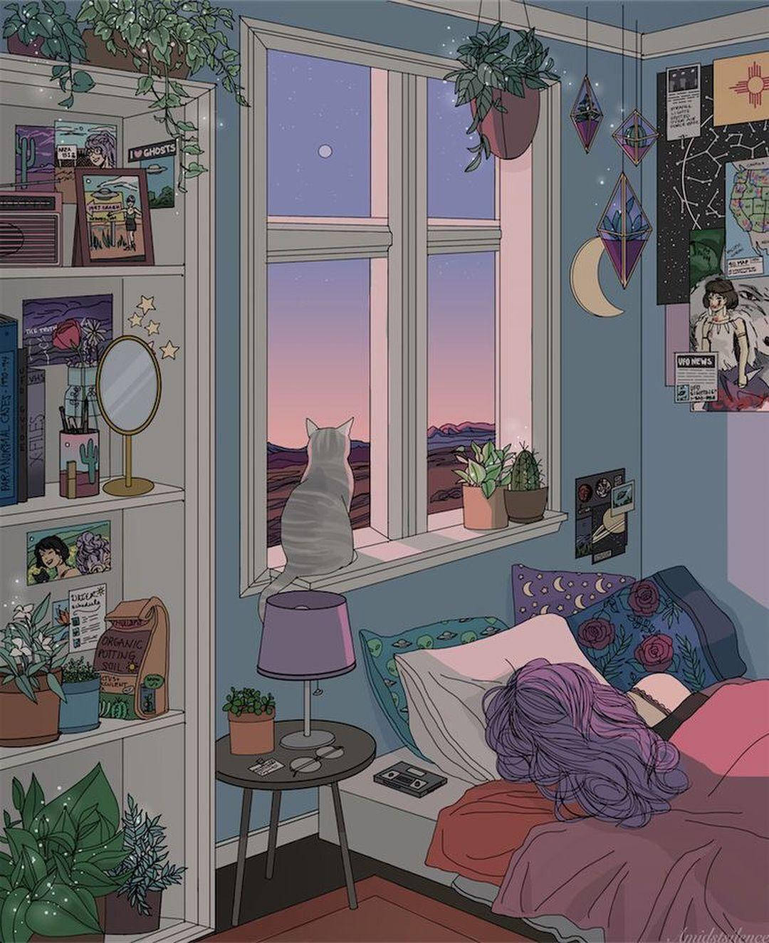 Kaakit-akit na Silid-Tulugan na Inspirado ng Anime Wallpaper