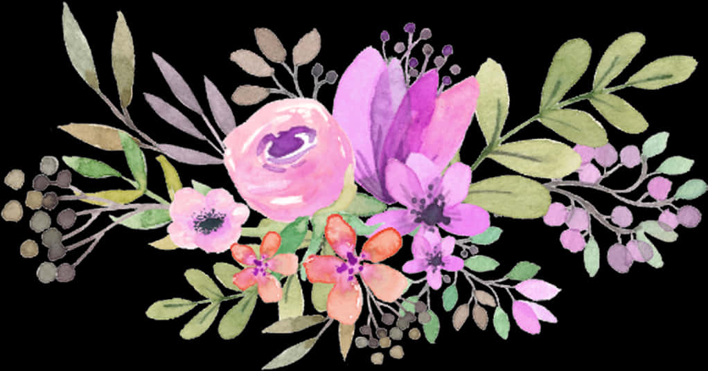 Kaayusan ng Bulaklak na Watercolor na may Itim na Background Wallpaper