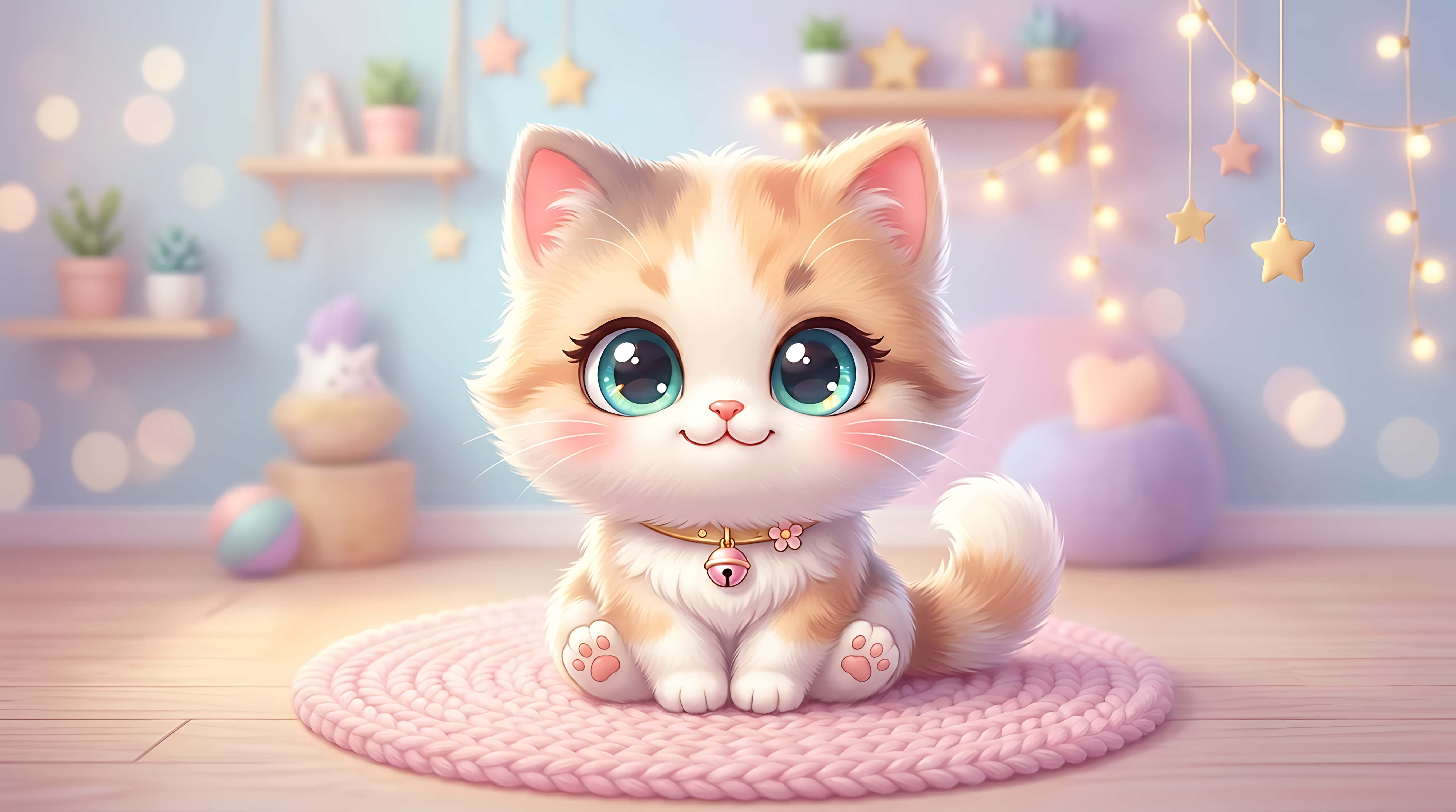 Kaibig-ibig na Chibi na Kuting na May Malalaking Mata sa Pastel na Kwarto na May Fairy Lights, Cute na 3D Style na Cartoon Wallpaper