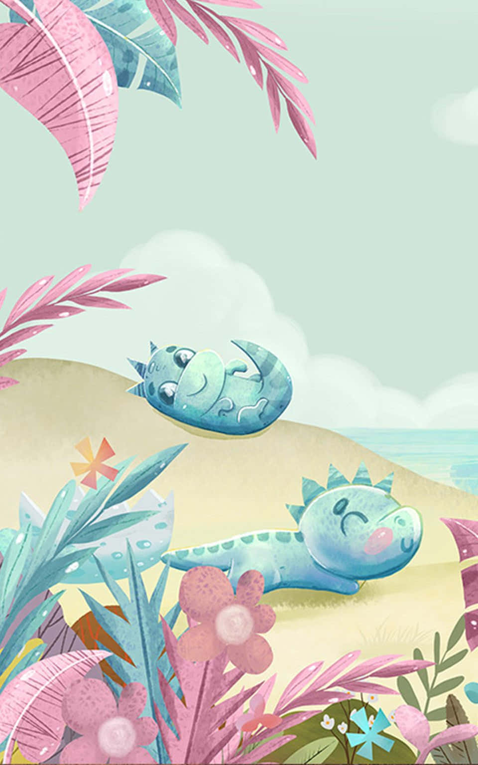 Kaibig-ibig na mga Kaibigang Prehistoriko - Cute na Dinosaur Background Wallpaper