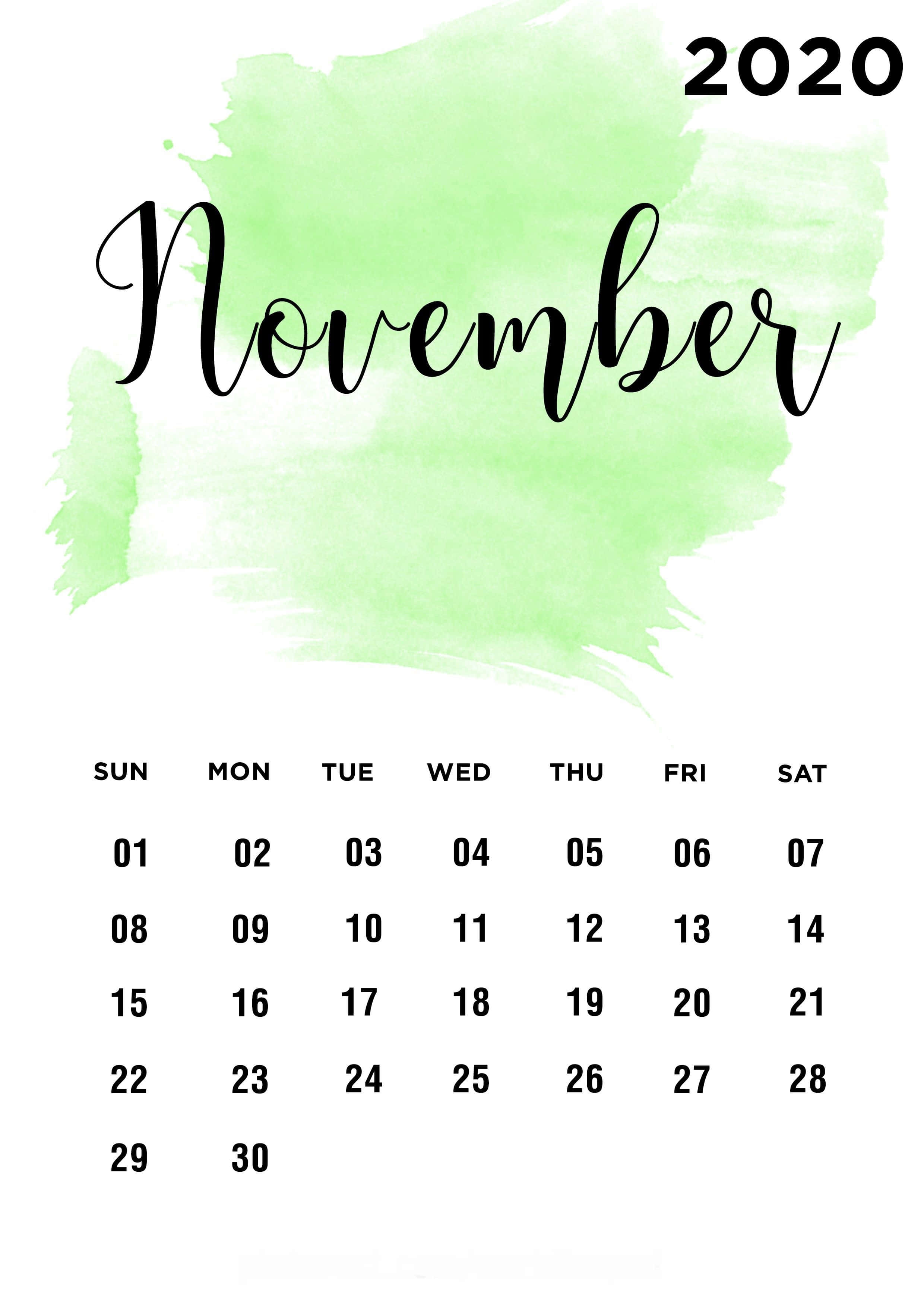 kalendaryo ng nobyembre 2020 na may berdeng watercolor na pintura Wallpaper