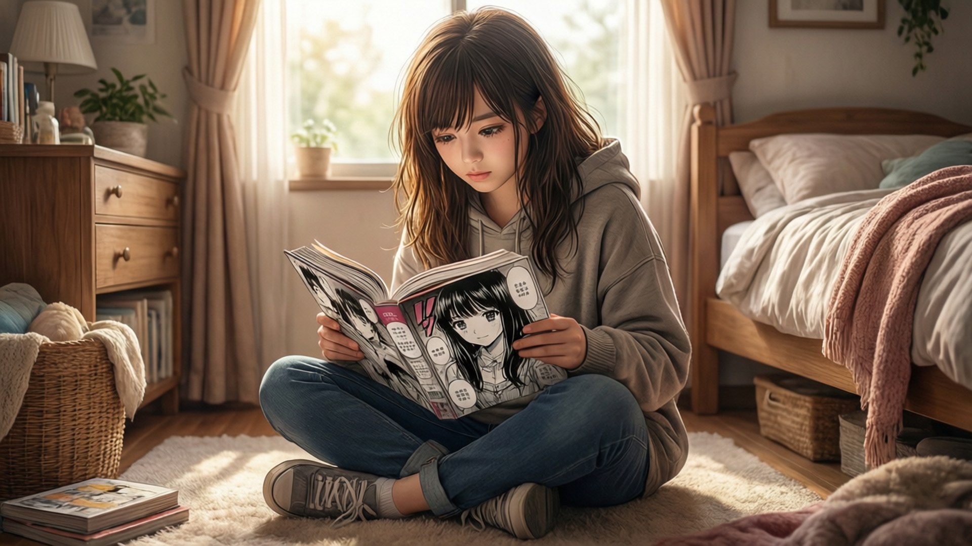 Kaligayahan sa Pagbabasa ng Manga Wallpaper