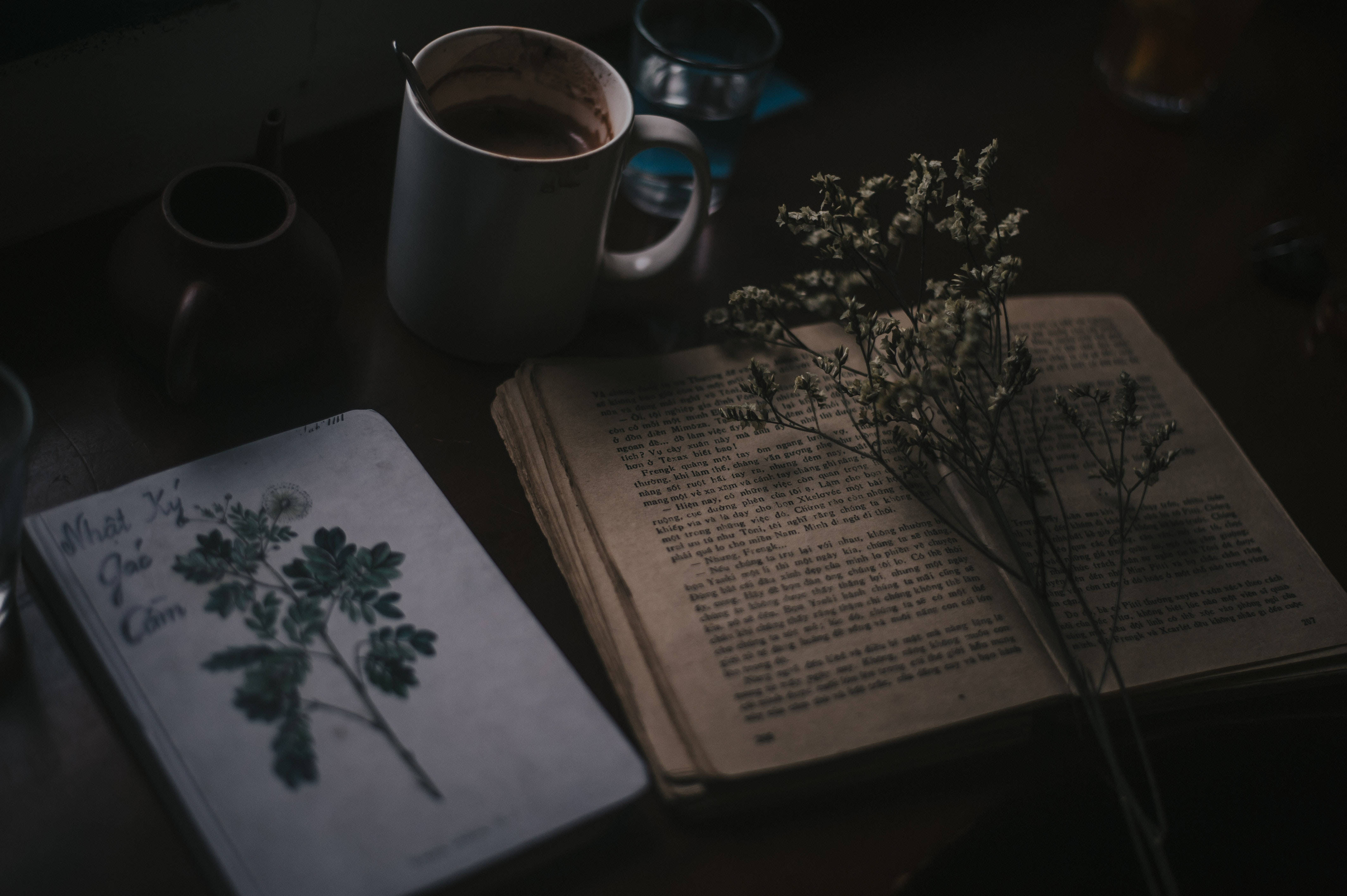 Kape, Bulaklak, at Aklat na Dark Academia Desktop Wallpaper