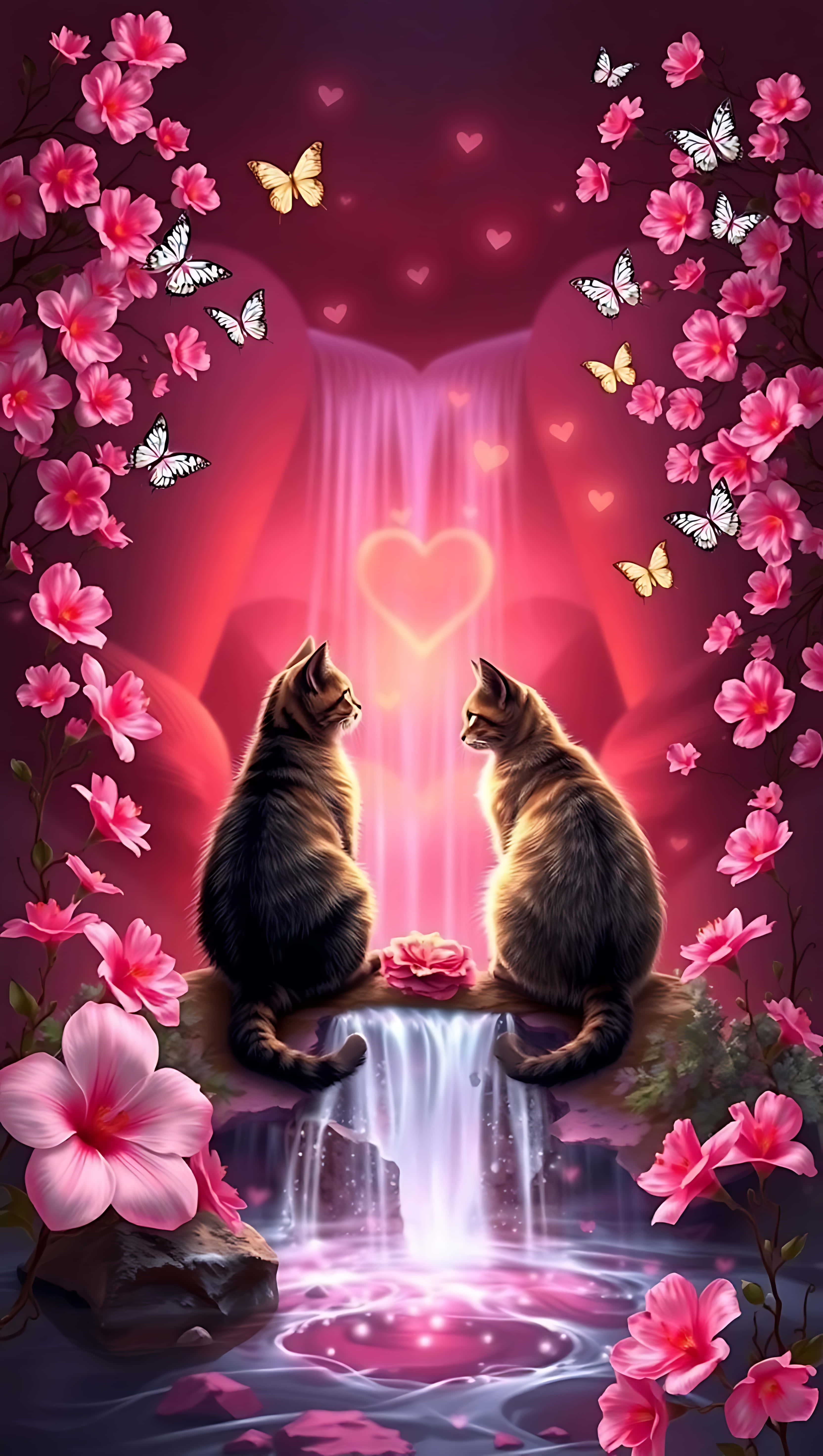 Katahimikan ng Araw ng mga Puso: Mga Pusa at Liwanag ng Pag-ibig. wallpaper ng smartphone Wallpaper