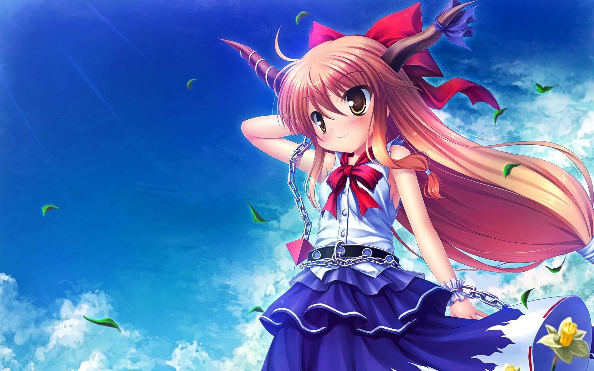 Kawaii Anime Girl na May Sungay at Nahuhulog na Dahon Wallpaper