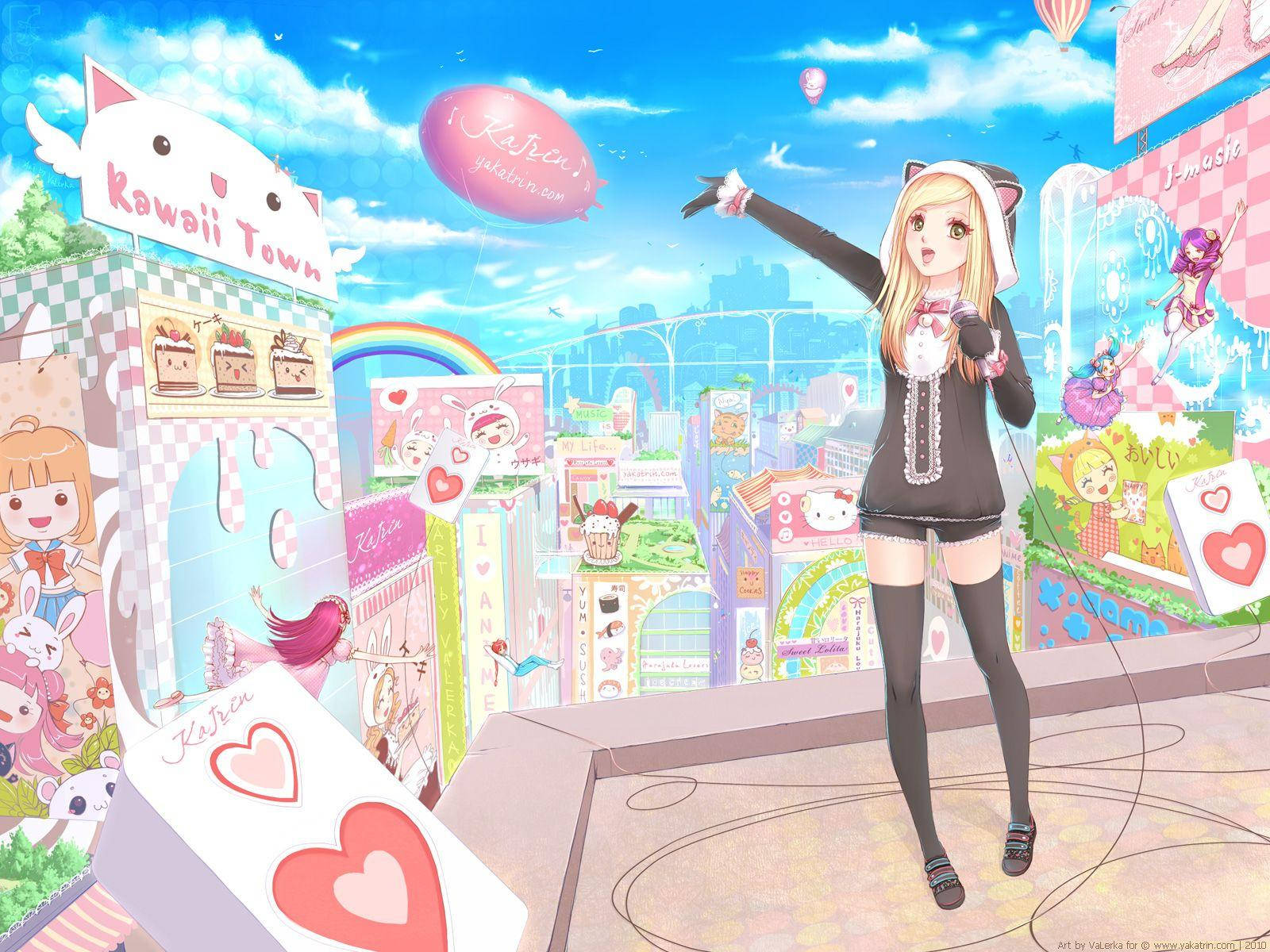Kawaii Anime Girl na Napapaligiran ng Mga Cute na Tindahan Wallpaper