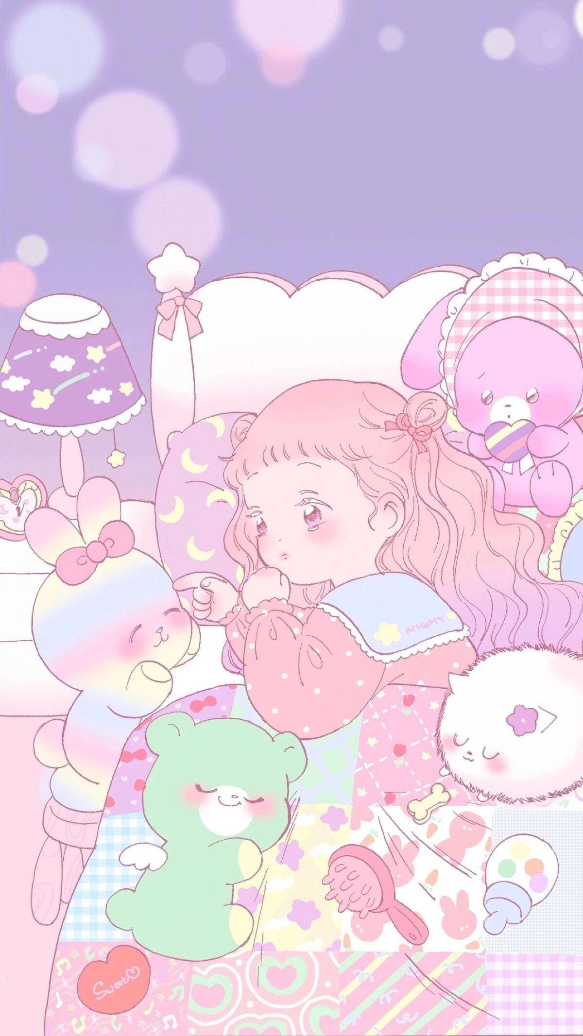 Kawaii Anime Girl sa Kama na May mga Stuffed Toys Wallpaper