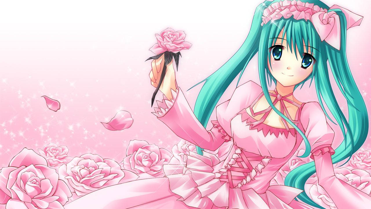 Kawaii Anime Hatsune Miku na May Pink na Damit at mga Rosas Wallpaper